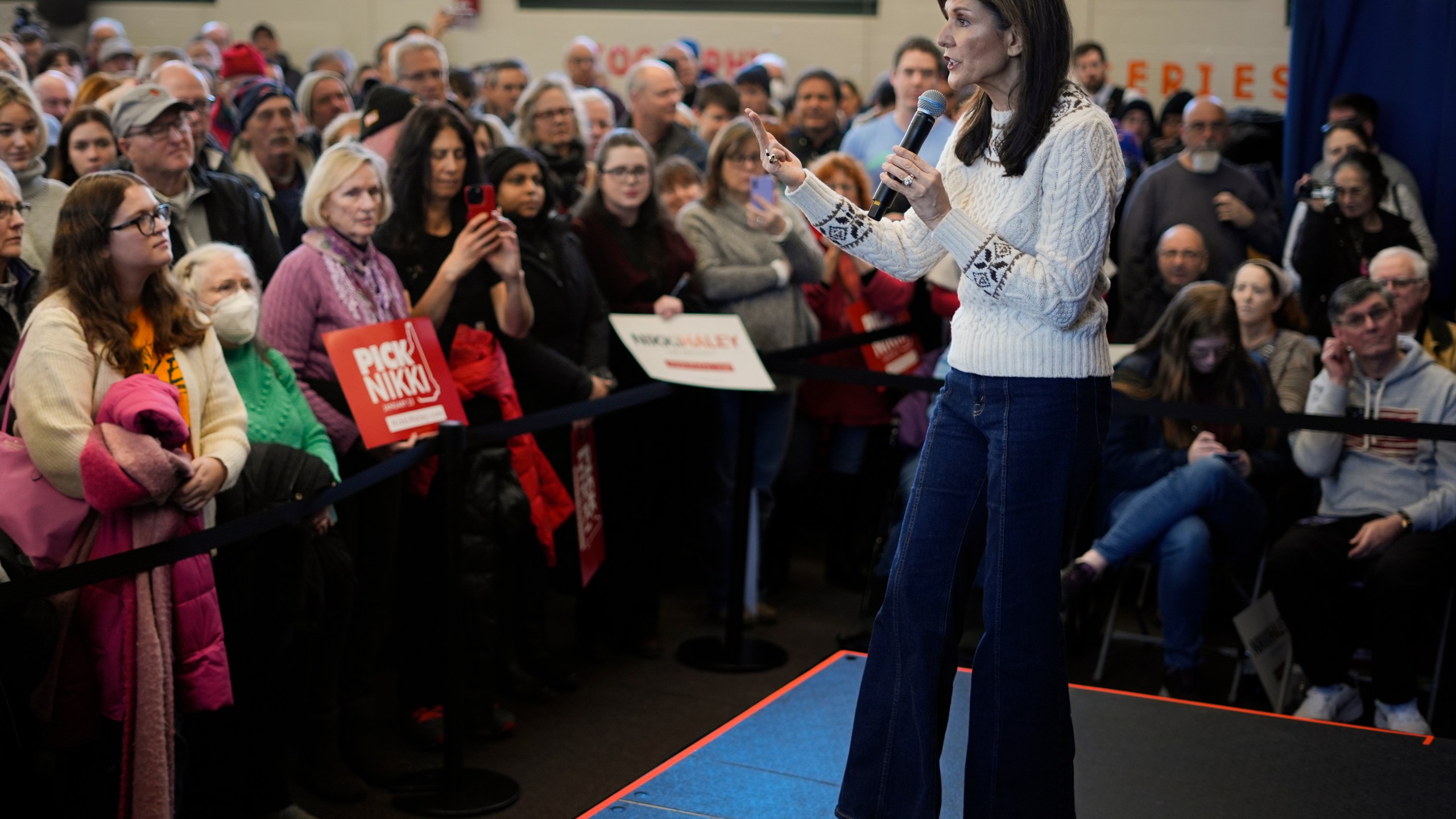 Republican presidential candidate former UN Ambassador Nikki Haley speaks during a campaign event at Gilbert H. Hood Middle School in Derry, N.H., Sunday, Jan. 21, 2024. (AP Photo/Matt Rourke)