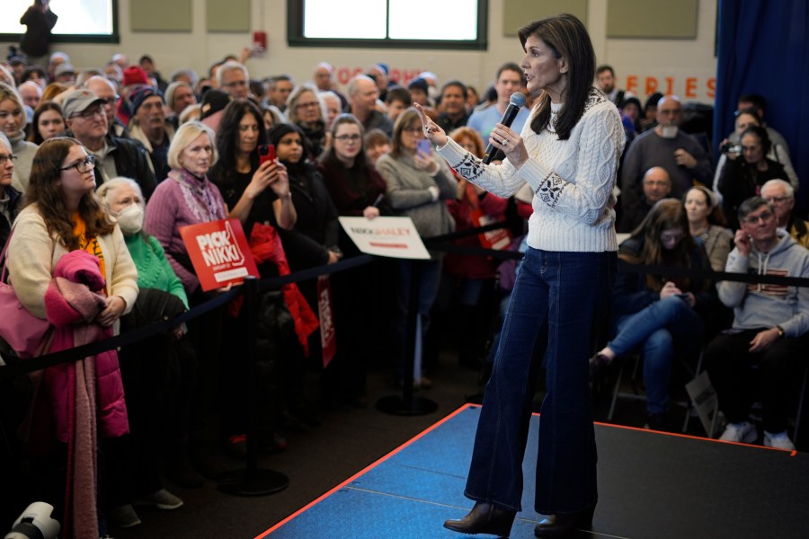 Republican presidential candidate former UN Ambassador Nikki Haley speaks during a campaign event at Gilbert H. Hood Middle School in Derry, N.H., Sunday, Jan. 21, 2024. (AP Photo/Matt Rourke)