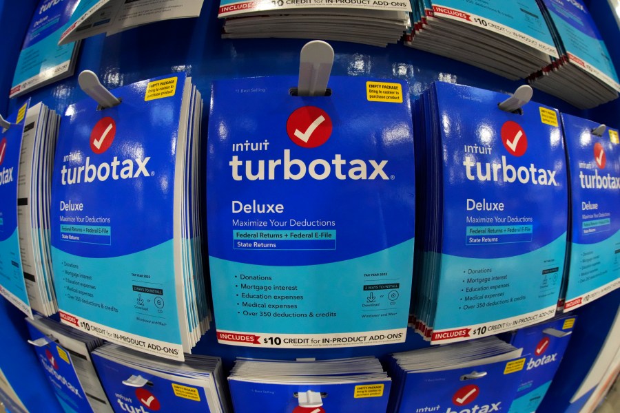 FILE - This is a display of TurboTax on display in a Costco Warehouse in Pittsburgh on Thursday, Jan. 26, 2023. U.S. regulators have barred TurboTax maker Intuit Inc. from advertising its services as “free” unless they are free for all customers, or if eligibility is clearly disclosed. In an opinion and final order, the Federal Trade Commission ruled that Intuit engaged in deceptive practices by running ads claiming consumers could file their taxes for free using TurboTax — when in fact many taxpayers did not qualify for such free offerings. (AP Photo/Gene J. Puskar, File)