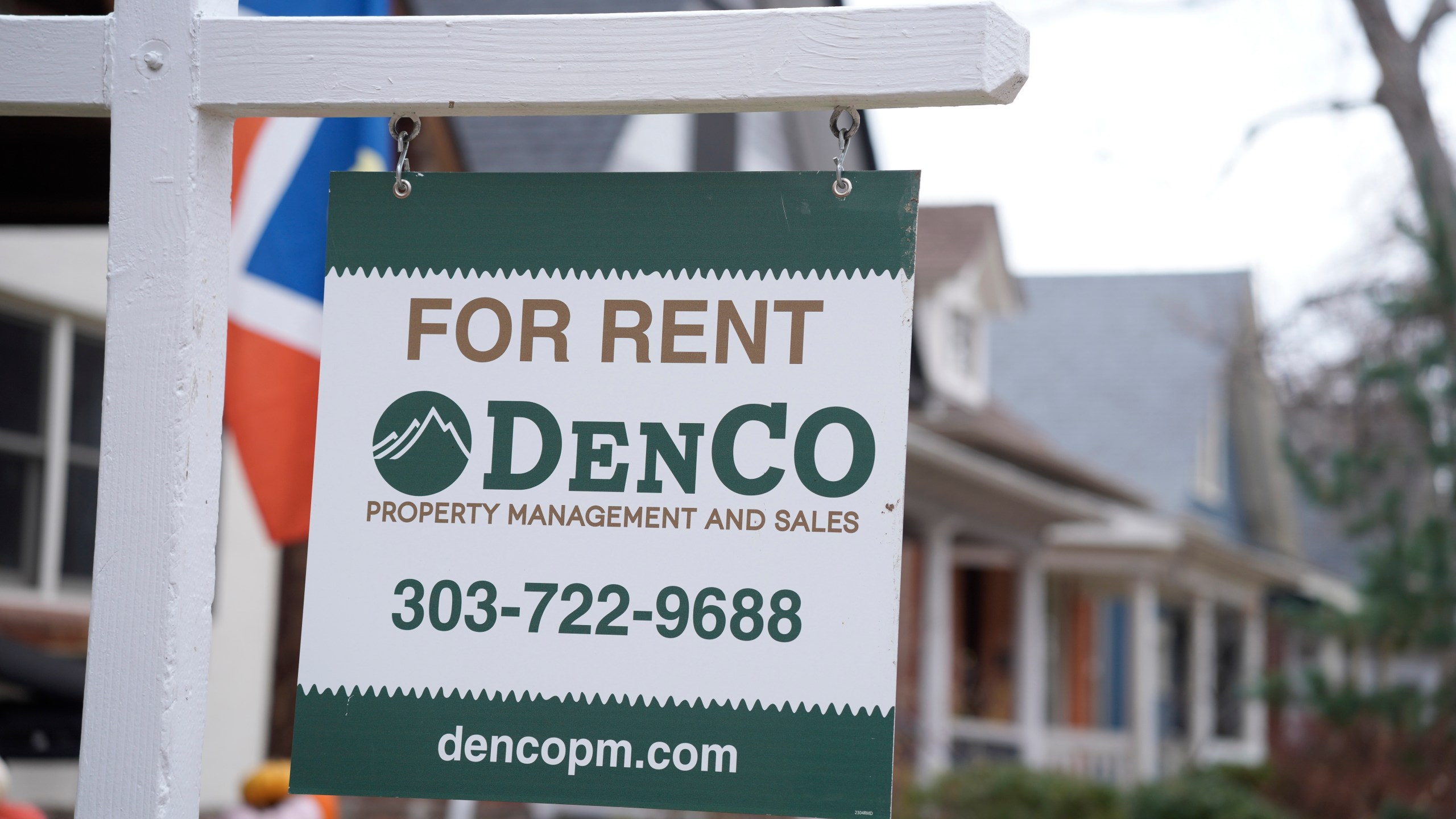 File - A sign advertising a rental stands outside a residence on Nov. 23, 2023, in Denver. The cost to rent an apartment has soared, and is still growing faster than before the pandemic. (AP Photo/David Zalubowski, File)