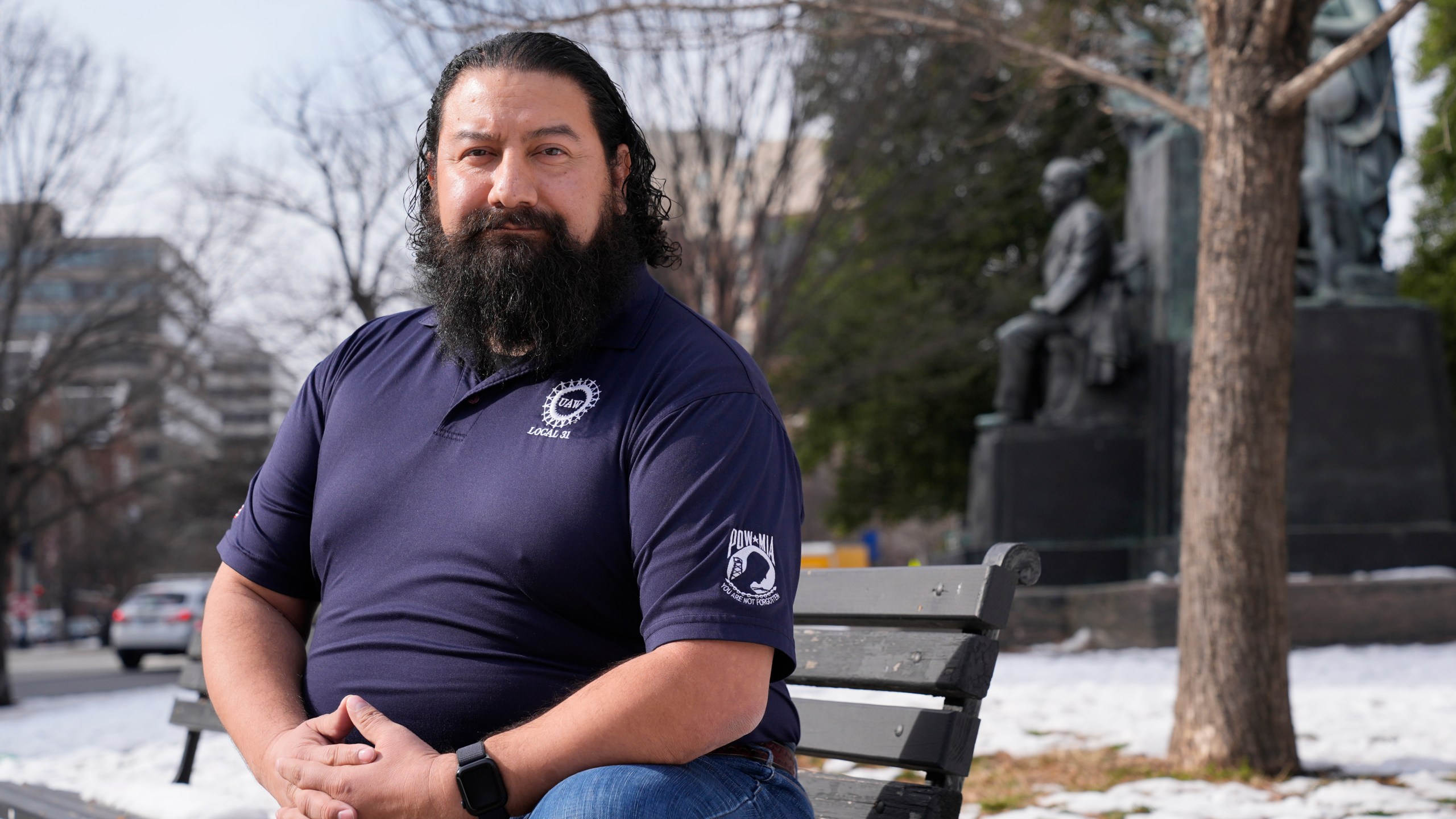 United Auto Workers union member Leo Carrillo, poses for a photograph, Tuesday, Jan. 23, 2024, in Washington. Carrillo, a member from Kansas City, said Biden’s appearance on the picket line showed that “he was there for us,” and helped him to decide to vote for Biden in November. (AP Photo/Jacquelyn Martin)