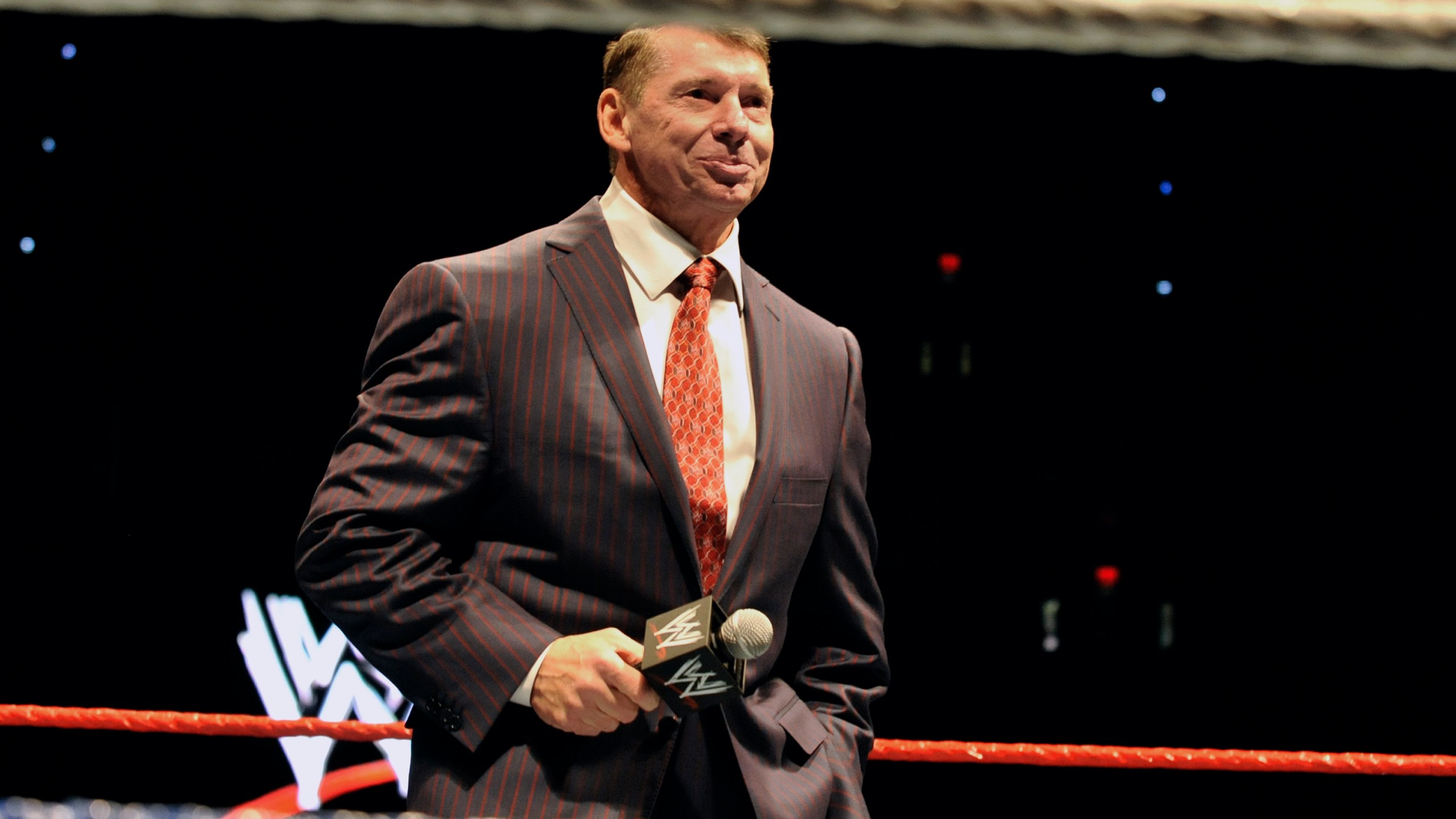 FILE - WWE chairman and CEO Vince McMahon speaks to an audience during a WWE fan appreciation event, Oct. 30, 2010, in Hartford, Conn. A former WWE employee filed a federal lawsuit Thursday, Jan. 25, 2024, accusing McMahon and another former executive of serious sexual misconduct. (AP Photo/Jessica Hill, File)