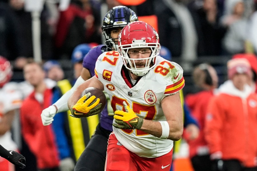 Kansas City Chiefs tight end Travis Kelce (87) runs against the Baltimore Ravens during the first half of an AFC Championship NFL football game, Sunday, Jan. 28, 2024, in Baltimore. (AP Photo/Alex Brandon)