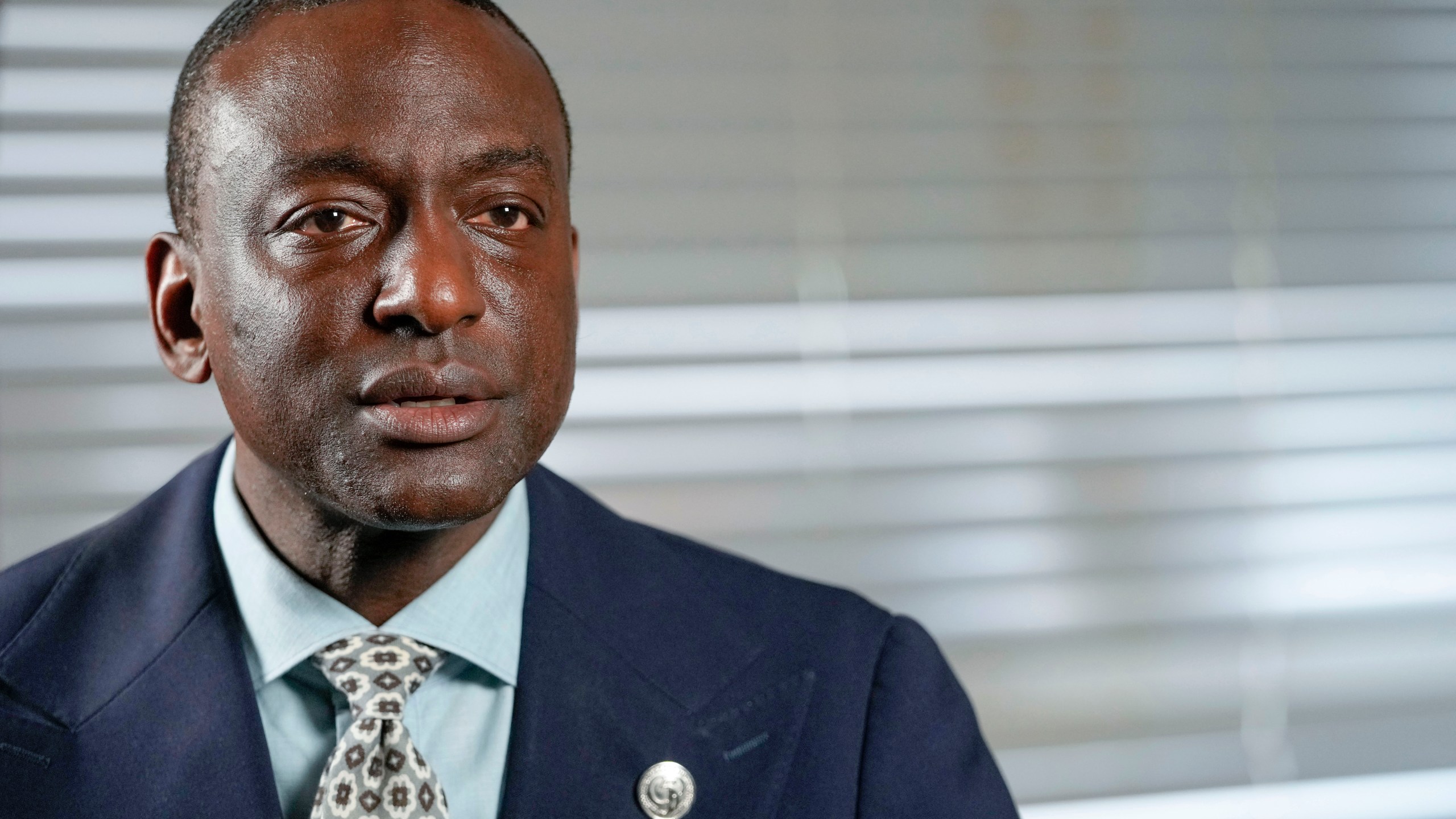 FILE-New York City Council candidate Yusef Salaam speaks during an interview with The Associated Press, May 24, 2023, in New York. Salaam, a member of the exonerated group of men known as the Central Park Five, says he was stopped and pulled over by police without being given an explanation. The police stop in New York City on Friday, Jan. 26, 2024 casts a renewed light on the How Many Stops Act, a police transparency bill that sparked a fight between City Council members and Mayor Eric Adams after the mayor, a former police captain, vetoed the legislation. (AP Photo/Mary Altaffer, File)