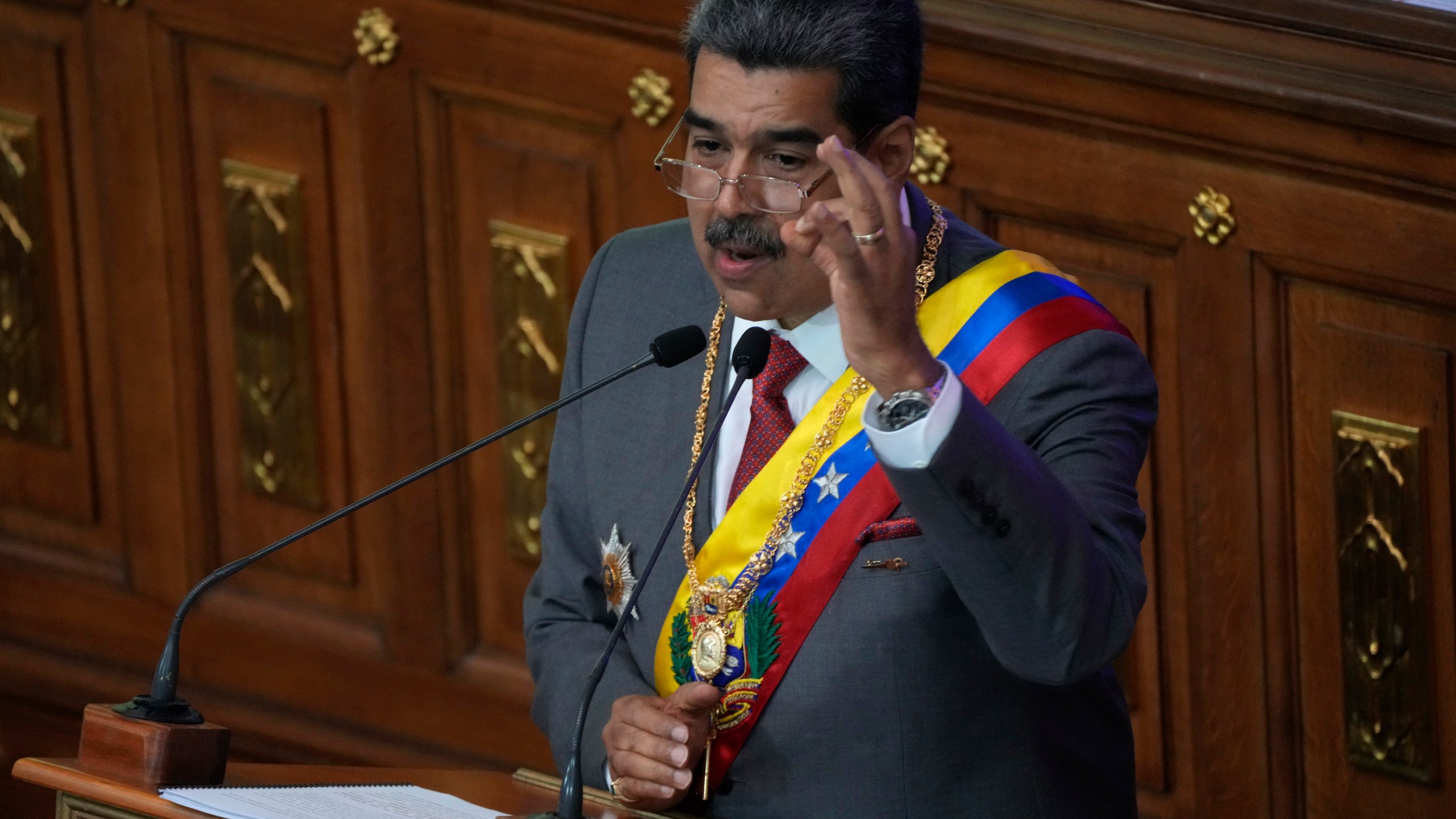 Venezuelan President Nicolas Maduro delivers his annual address at the National Assembly in Caracas, Venezuela, Monday, Jan. 15, 2024. (AP Photo/Ariana Cubillos)