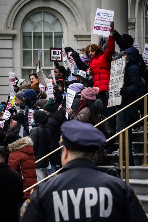 A coalition of community groups and advocates for the How Many Stops Act coalition hold a rally at City Hall, Tuesday, Jan. 30, 2024, in New York, to urge the City Council to override Mayor Adams veto of the act, requiring police officers to document basic information whenever they question someone. (AP Photo/Bebeto Matthews)