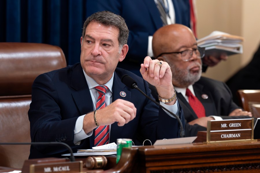 Chairman Mark Green, R-Tenn., center, joined by Rep. Bennie Thompson, D-Miss., the ranking member, leads the House Homeland Security Committee move to impeach Secretary of Homeland Security Alejandro Mayorkas over the crisis at the U.S.-Mexico border, at the Capitol in Washington, Tuesday, Jan. 30, 2024. (AP Photo/J. Scott Applewhite)