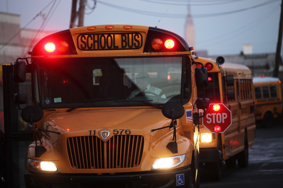 A picture of a school bus in Queens, New York.