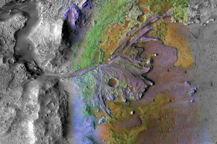 An aerial photo shows the remains of a delta where a water source once fed an ancient lake at the Jezero crater on Mars. (NASA/JPL-Caltech/ASU)