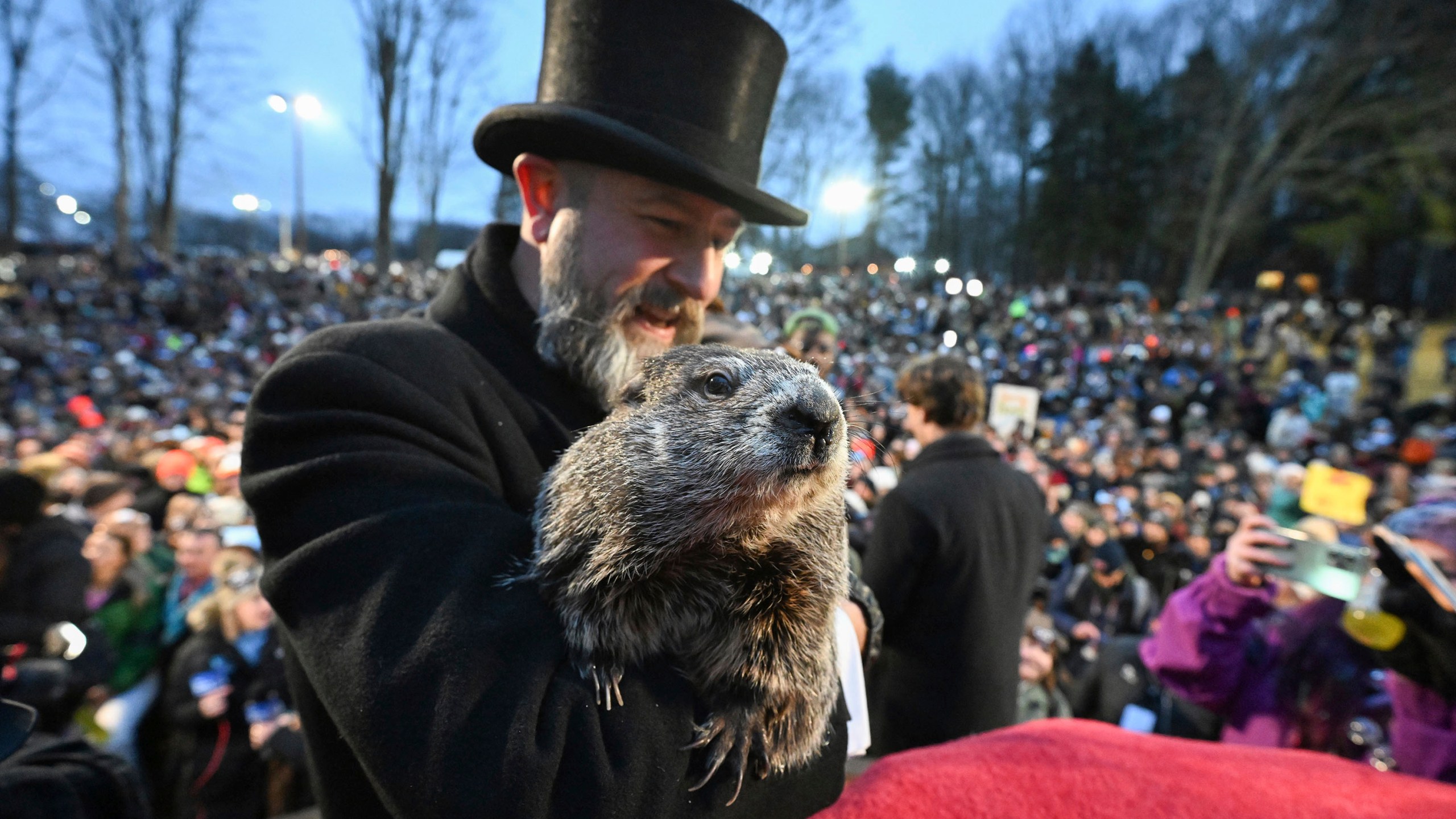 Groundhog Club handler A.J. Dereume holds Punxsutawney Phil, the weather prognosticating groundhog, during the 138th celebration of Groundhog Day on Gobbler's Knob in Punxsutawney, Pa., Friday, Feb. 2, 2024. Phil's handlers said that the groundhog has forecast an early spring. (AP Photo/Barry Reeger)