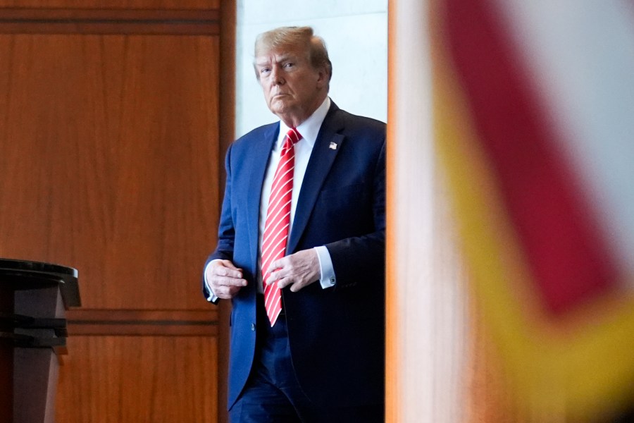 Republican presidential candidate former President Donald Trump arrives to speak after meeting with members of the International Brotherhood of Teamsters at their headquarters in Washington, Wednesday, Jan. 31, 2024. (AP Photo/Andrew Harnik)