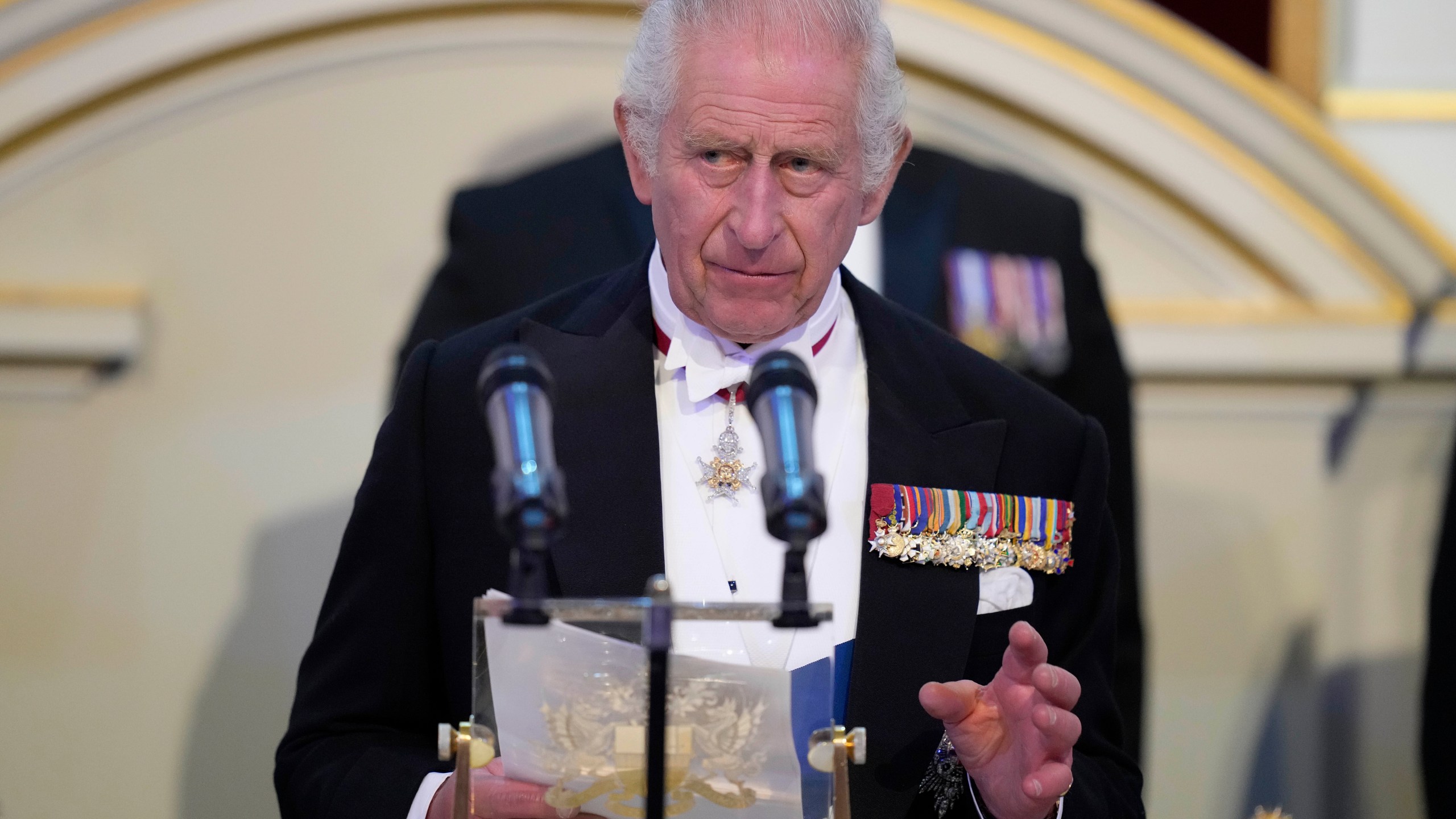 FILE - Britain's King Charles III addresses assembled guests at Mansion House in London, Wednesday, Oct. 18, 2023. King Charles III has been diagnosed with a form of cancer and has begun treatment, Buckingham Palace says on Monday, Feb. 5, 2024. ( AP Photo/Kirsty Wigglesworth, Pool, File)