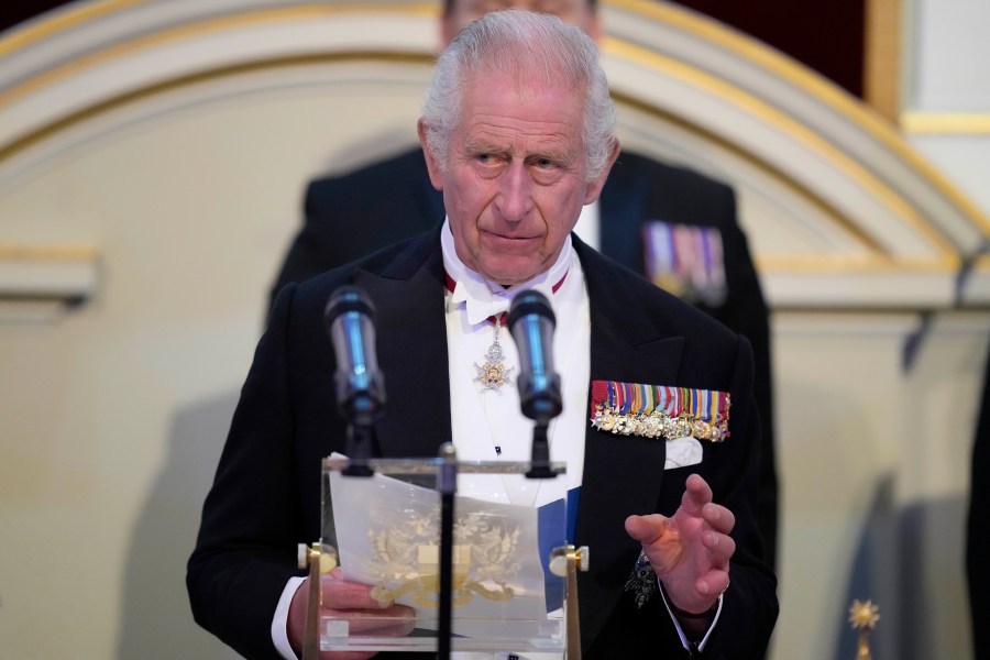 FILE - Britain's King Charles III addresses assembled guests at Mansion House in London, Wednesday, Oct. 18, 2023. King Charles III has been diagnosed with a form of cancer and has begun treatment, Buckingham Palace says on Monday, Feb. 5, 2024. ( AP Photo/Kirsty Wigglesworth, Pool, File)