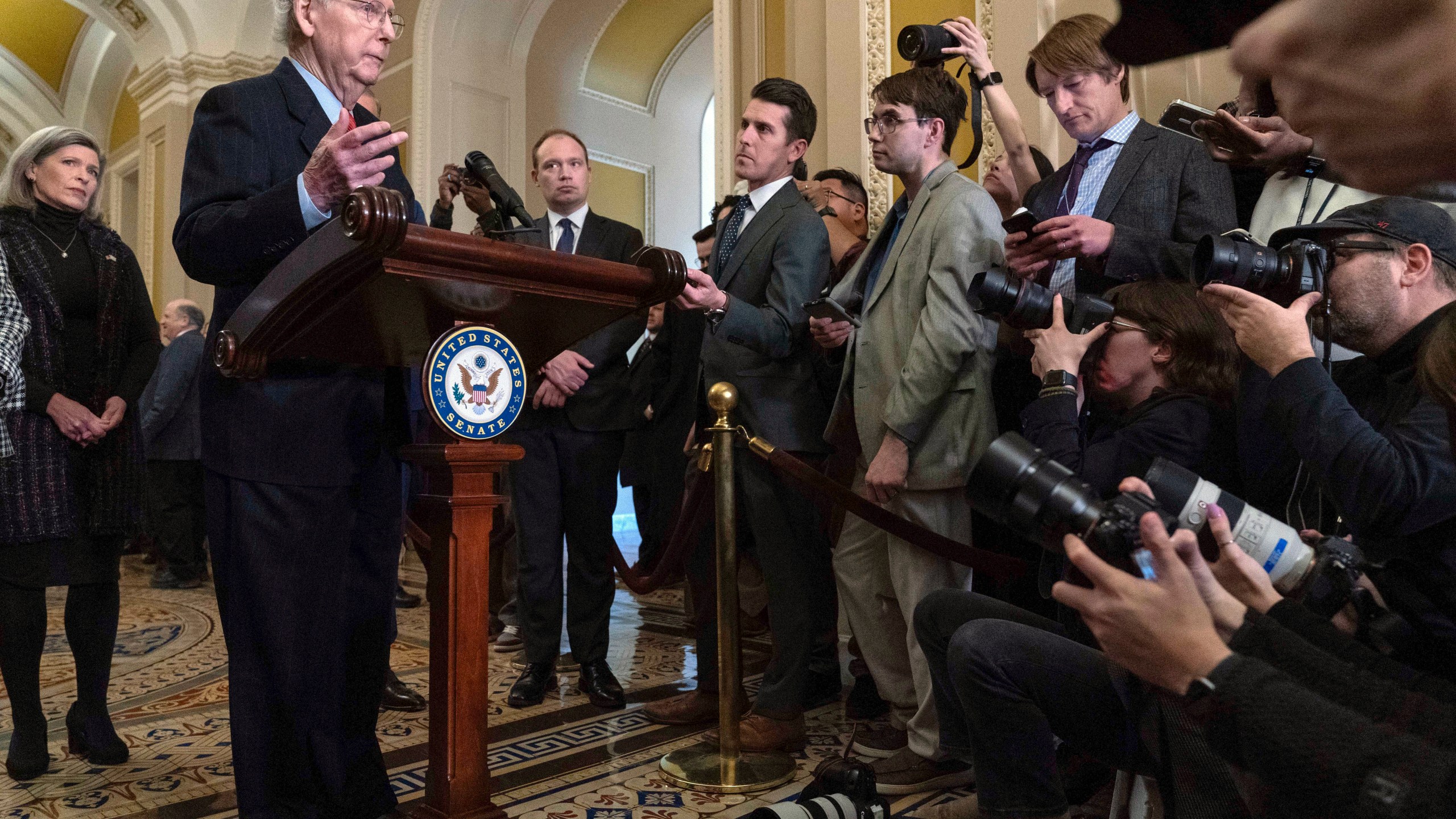 Senate Minority Leader Mitch McConnell, R-Ky., speaks during a news conference on border security, following the Senate policy luncheon at the Capitol in Washington, Tuesday, Feb. 6, 2024. (AP Photo/Jose Luis Magana)