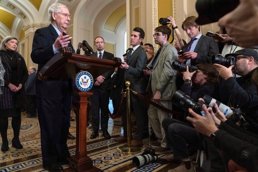 Senate Minority Leader Mitch McConnell, R-Ky., speaks during a news conference on border security, following the Senate policy luncheon at the Capitol in Washington, Tuesday, Feb. 6, 2024. (AP Photo/Jose Luis Magana)