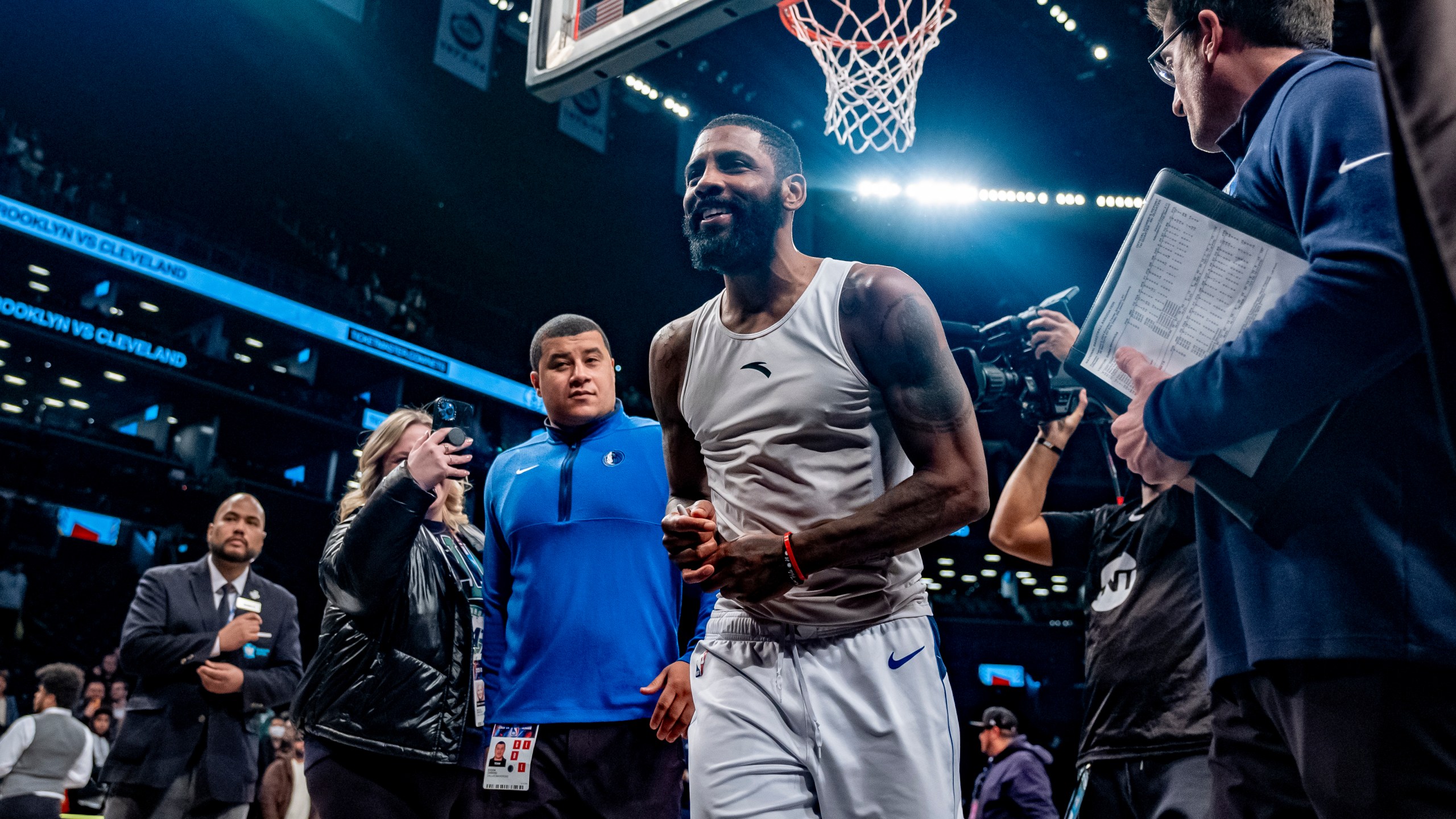 Dallas Mavericks guard Kyrie Irving leaves the court after the team's NBA basketball game against the Brooklyn Nets in New York, Tuesday, Feb. 6, 2024. (AP Photo/Peter K. Afriyie)