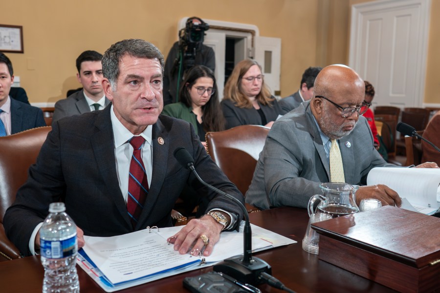 House Homeland Security Committee Chairman Mark Green, R-Tenn., joined at right by Rep. Bennie Thompson, D-Miss., the ranking member, delivers a statement as the House Rules Committee meets to prepare the articles of impeachment against Homeland Security Secretary Alejandro Mayorkas for a floor vote, at the Capitol in Washington, Monday, Feb. 5, 2024. (AP Photo/J. Scott Applewhite)