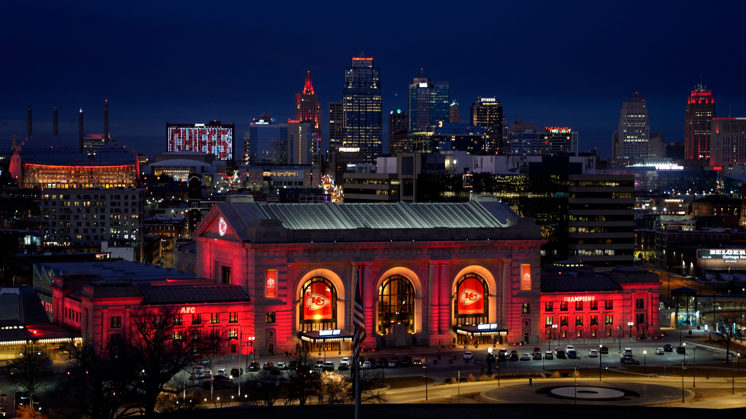 FILE - Union Station and other downtown Kansas City, Mo., buildings are lighted in red in support of the Kansas City Chiefs NFL football team Thursday, Feb. 1, 2024. The Chiefs will play the San Francisco 49ers in Super Bowl 58. (AP Photo/Charlie Riedel, File)