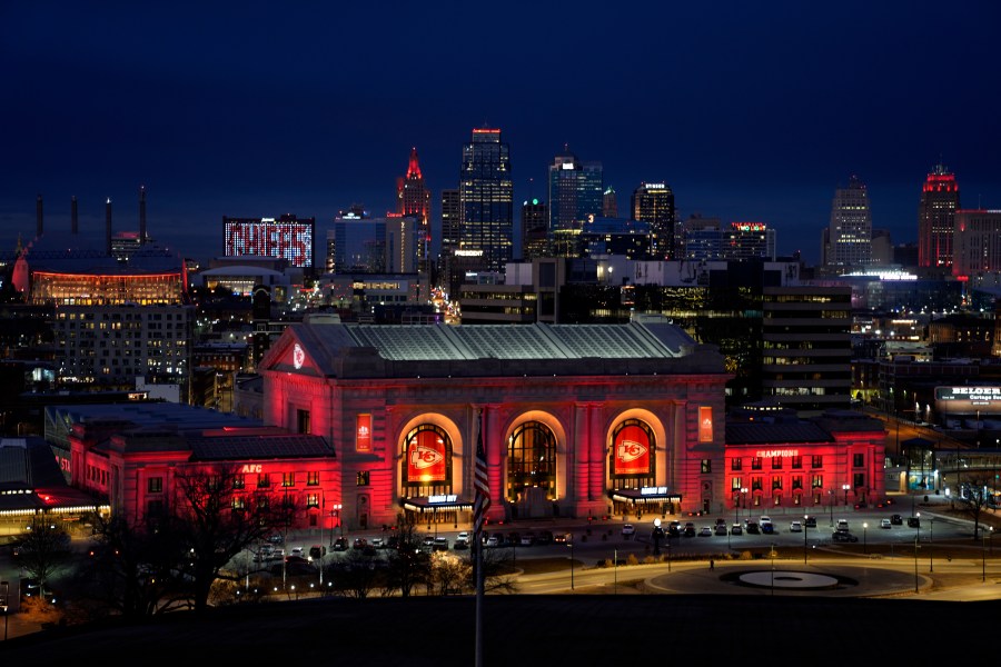 FILE - Union Station and other downtown Kansas City, Mo., buildings are lighted in red in support of the Kansas City Chiefs NFL football team Thursday, Feb. 1, 2024. The Chiefs will play the San Francisco 49ers in Super Bowl 58. (AP Photo/Charlie Riedel, File)