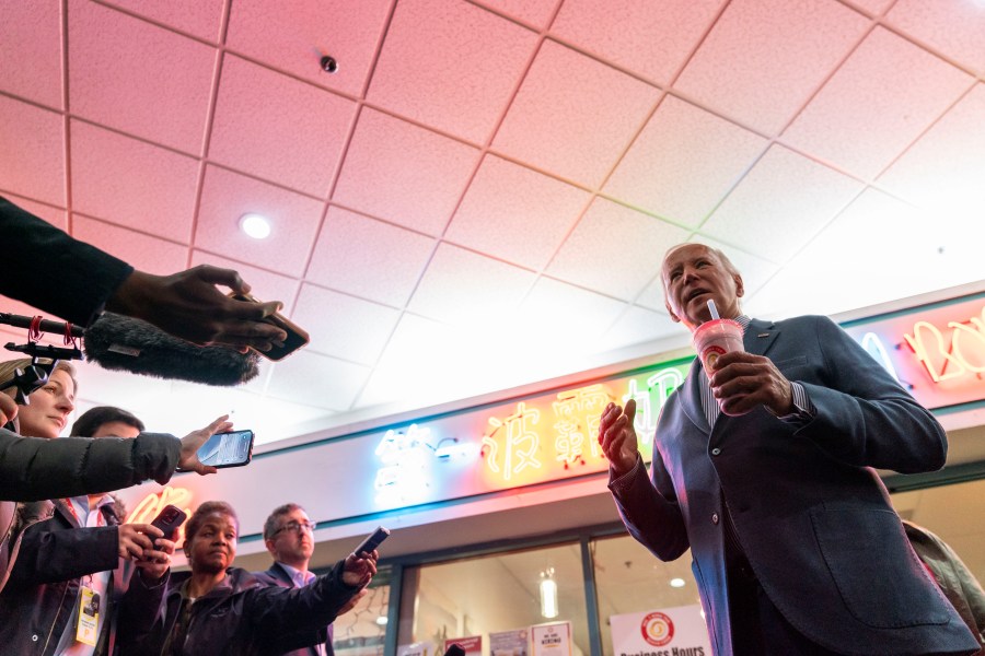 President Joe Biden talks to reporters after visiting No. 1 Boba Tea in Las Vegas, Monday, Feb. 5, 2024. (AP Photo/Stephanie Scarbrough)