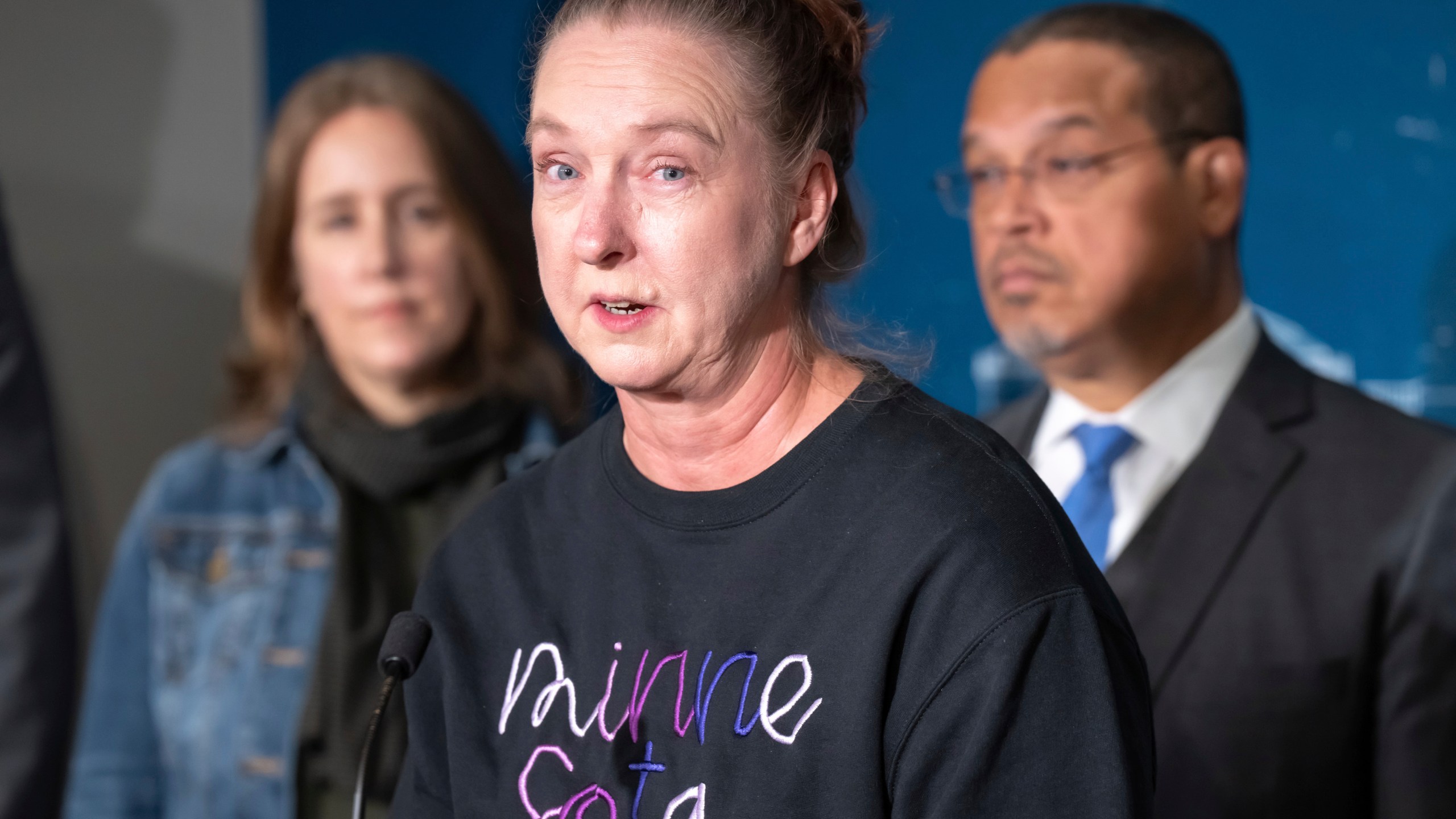 Nicole Smith-Holt speaks at the press conference, Wednesday, Feb. 7, 2024, in St. Paul, Minn. Her son Alec passed away due to diabetic ketoacidosis after he was forced to ration his insulin due to its high cost. Minnesota Attorney General Keith Ellison announced Wednesday a settlement with Eli Lilly in his litigation against the 3 largest insulin manufacturers. (Glen Stubbe/Star Tribune via AP)