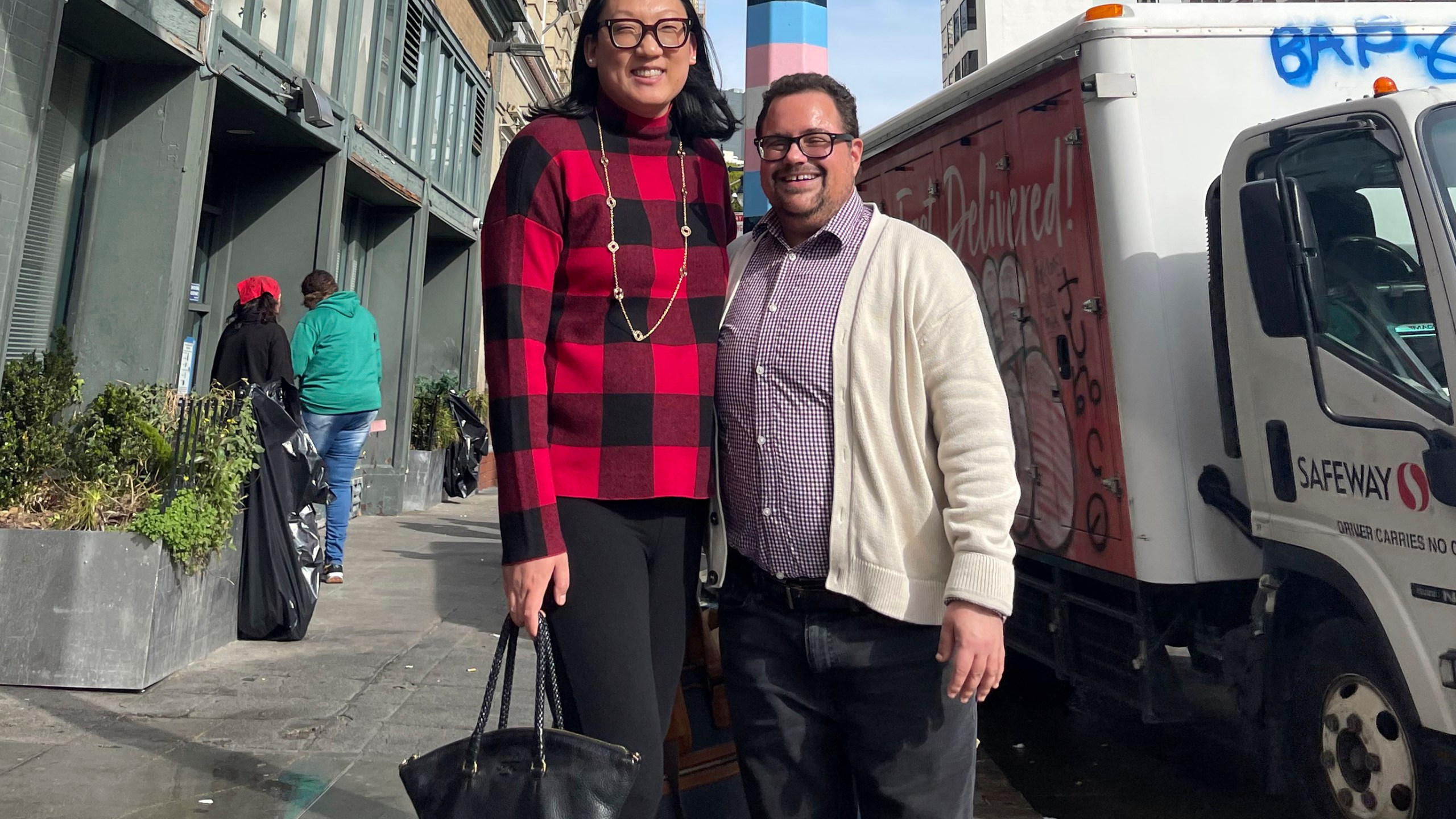 In this photo provided by the National Center for Transgender Equality, Andy Marra, left, the executive director of the Transgender Legal Defense and Education Fund, and Rodrigo Heng-Lehtinen, executive director of the National Center for Transgender Equality visit San Francisco's Transgender District in January 2023. In the summer of 2024, their organizations – two of the biggest transgender-rights groups in the U.S. – will merge into a new organization to be called Advocates for Trans Equality. (NCTE via AP)