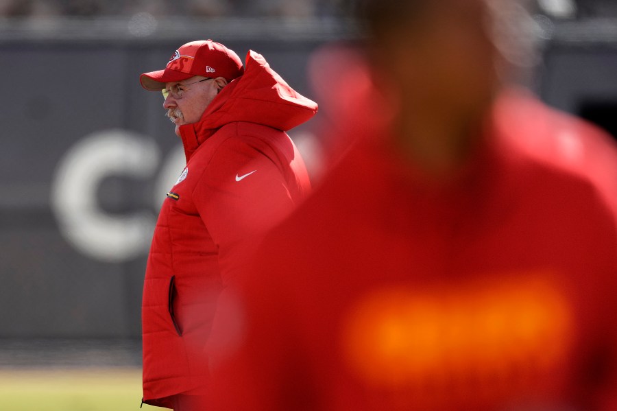 Kansas City Chiefs head coach Andy Reid watches practice Wednesday, Feb. 7, 2024 in Henderson, Nev. The Chiefs are scheduled to play the San Francisco 49ers in the NFL's Super Bowl 58 football game Sunday in Las Vegas. (AP Photo/Charlie Riedel)