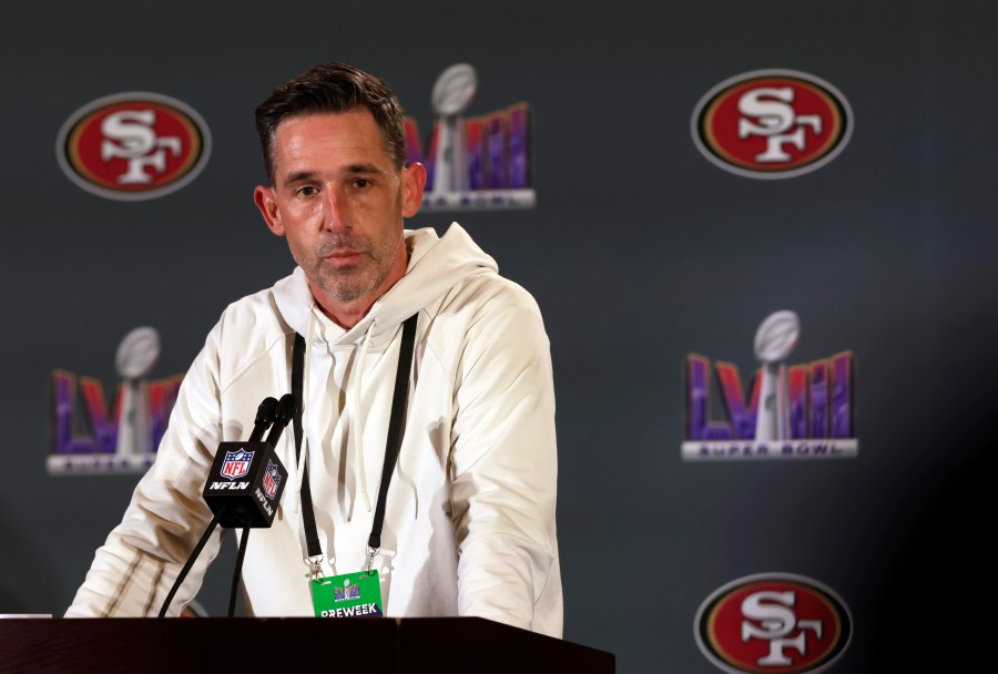 San Francisco 49ers head coach Kyle Shanahan listens to a reporter's question during a news conference for Super Bowl LVIII in Las Vegas, Tuesday, Feb. 6, 2024. (Carlos Avila Gonzalez/San Francisco Chronicle via AP)