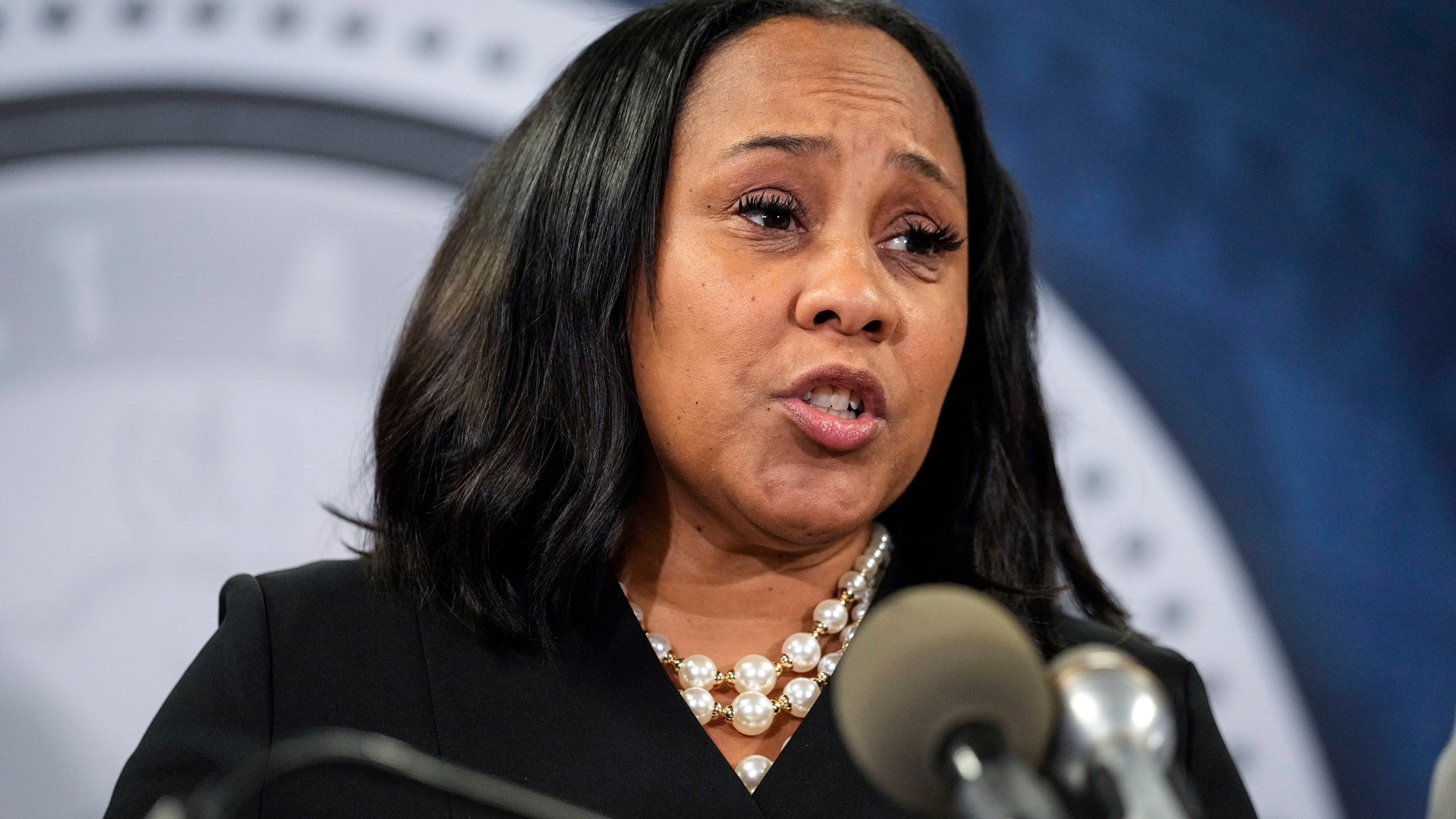 FILE - Fulton County District Attorney Fani Willis speaks in the Fulton County Government Center during a news conference, Monday, Aug. 14, 2023, in Atlanta. A Georgia state Senate committee charged with investigating Willis' conduct held its first meeting on Friday, Feb. 9, 2024. AP Photo/John Bazemore, File)