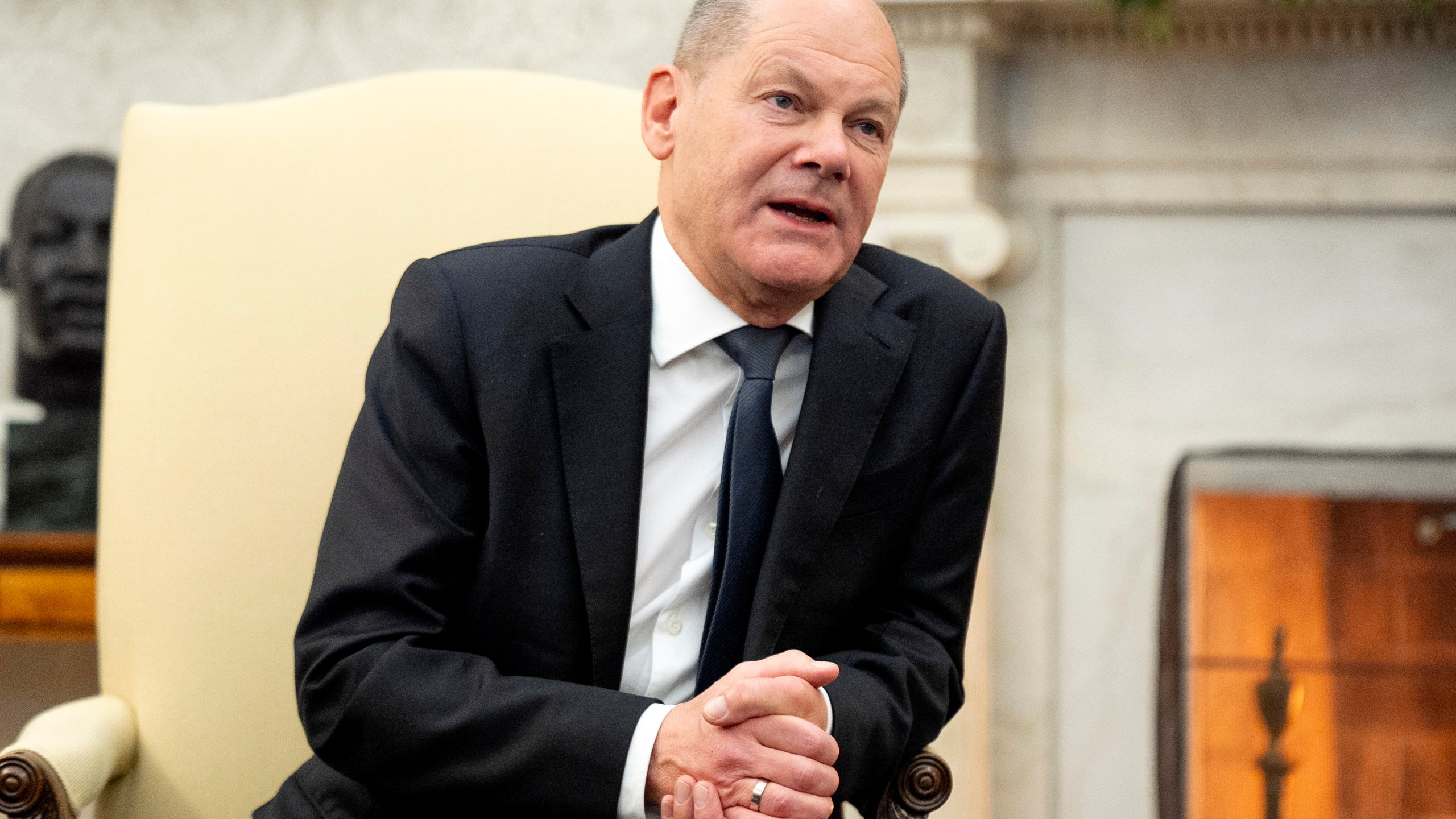 German Chancellor Olaf Scholz speaks during a meeting with President Joe Biden in the Oval Office of the White House, Friday, Feb. 9, 2024, in Washington. (AP Photo/Andrew Harnik)