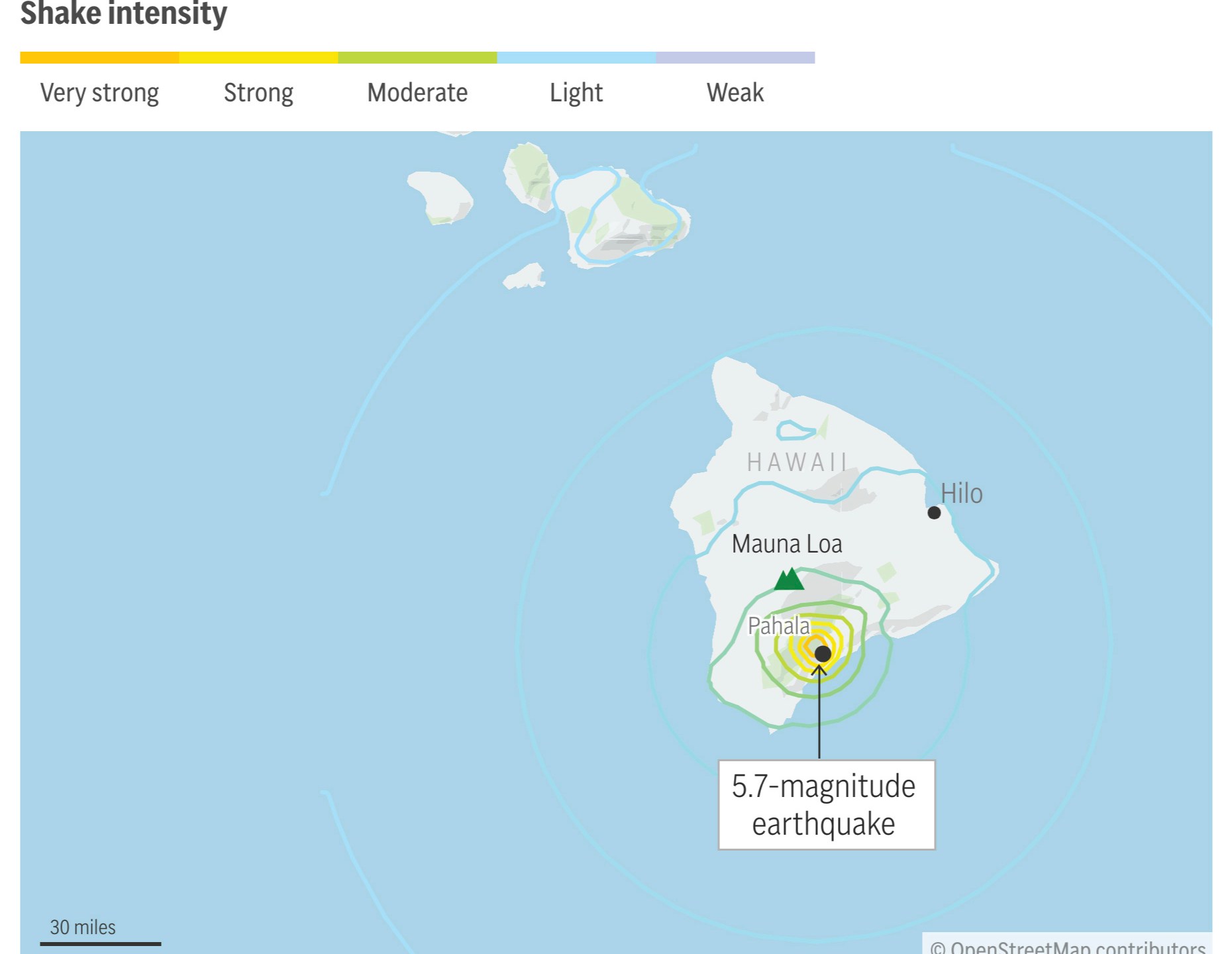 A strong earthquake and several aftershocks hit Hawaii's Big Island Friday. (AP Graphic)