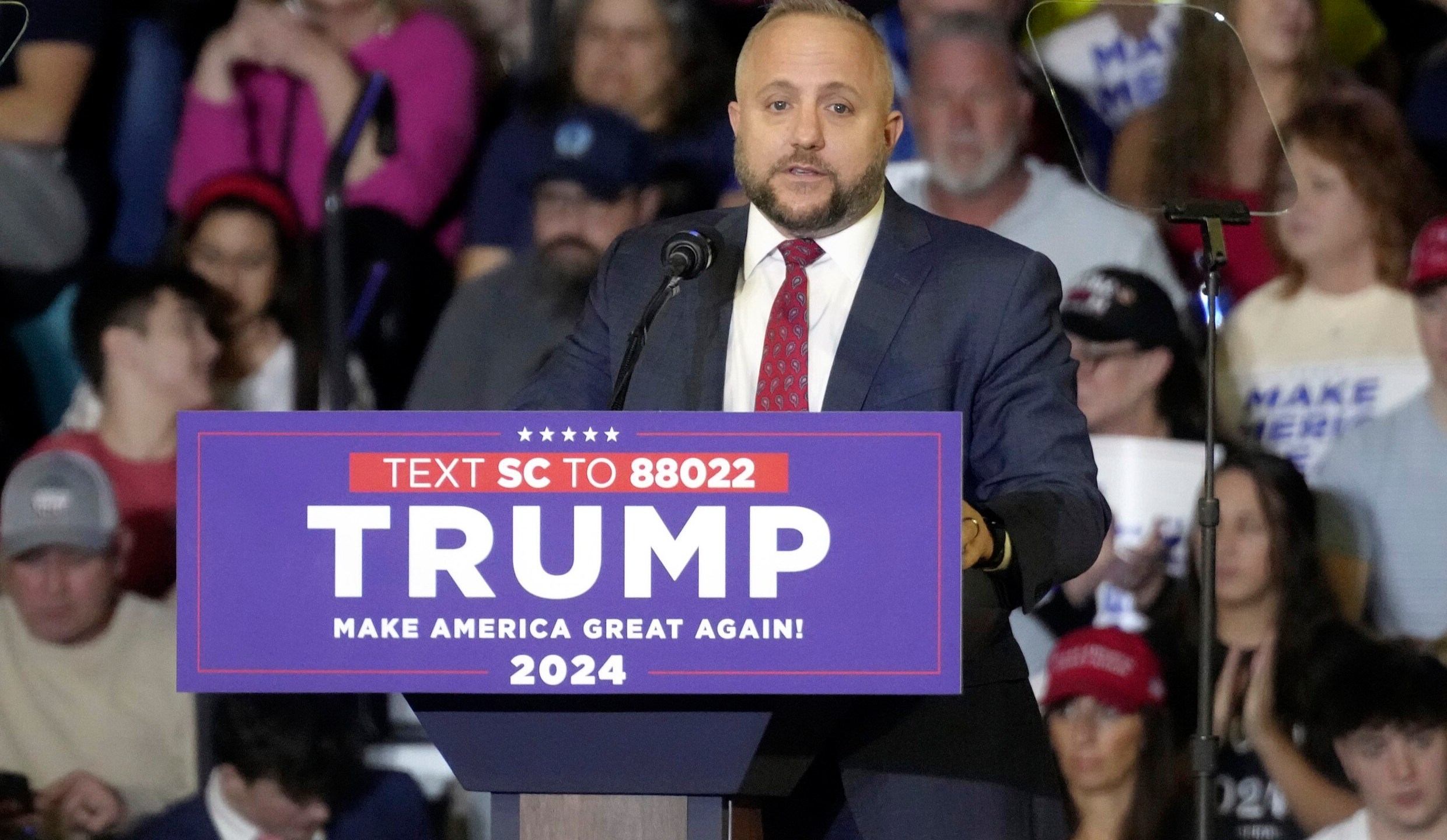 U.S. Rep. Russell Fry, R-S.C., speaks ahead of a rally with former President Donald Trump in the closing weeks ahead of South Carolina's Feb. 24 Republican presidential primary on Saturday, Feb. 10, 2024, in Conway, S.C. (AP Photo/Meg Kinnard)