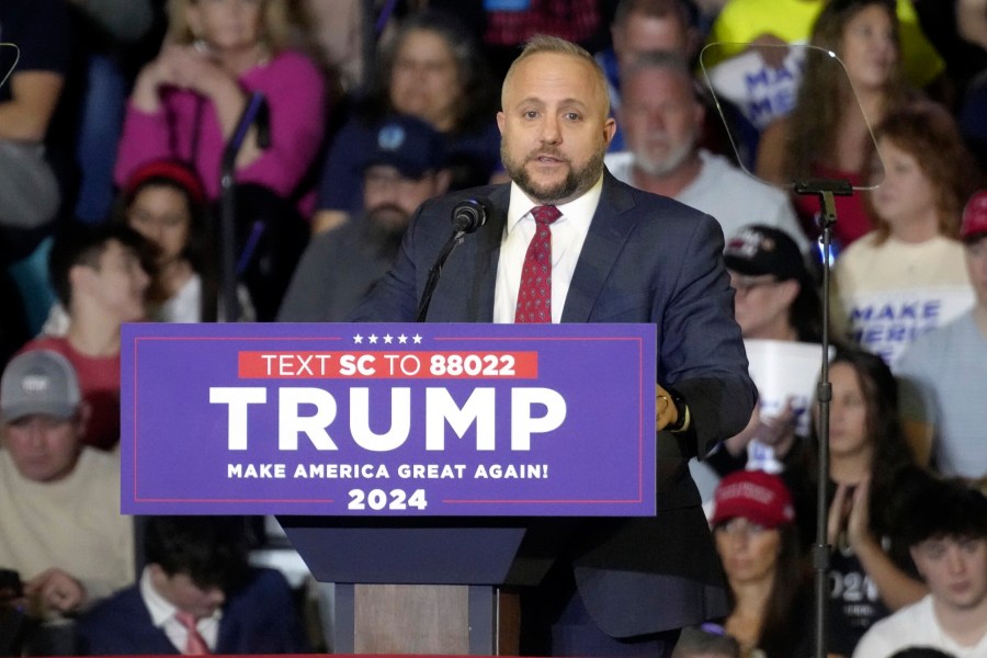 U.S. Rep. Russell Fry, R-S.C., speaks ahead of a rally with former President Donald Trump in the closing weeks ahead of South Carolina's Feb. 24 Republican presidential primary on Saturday, Feb. 10, 2024, in Conway, S.C. (AP Photo/Meg Kinnard)