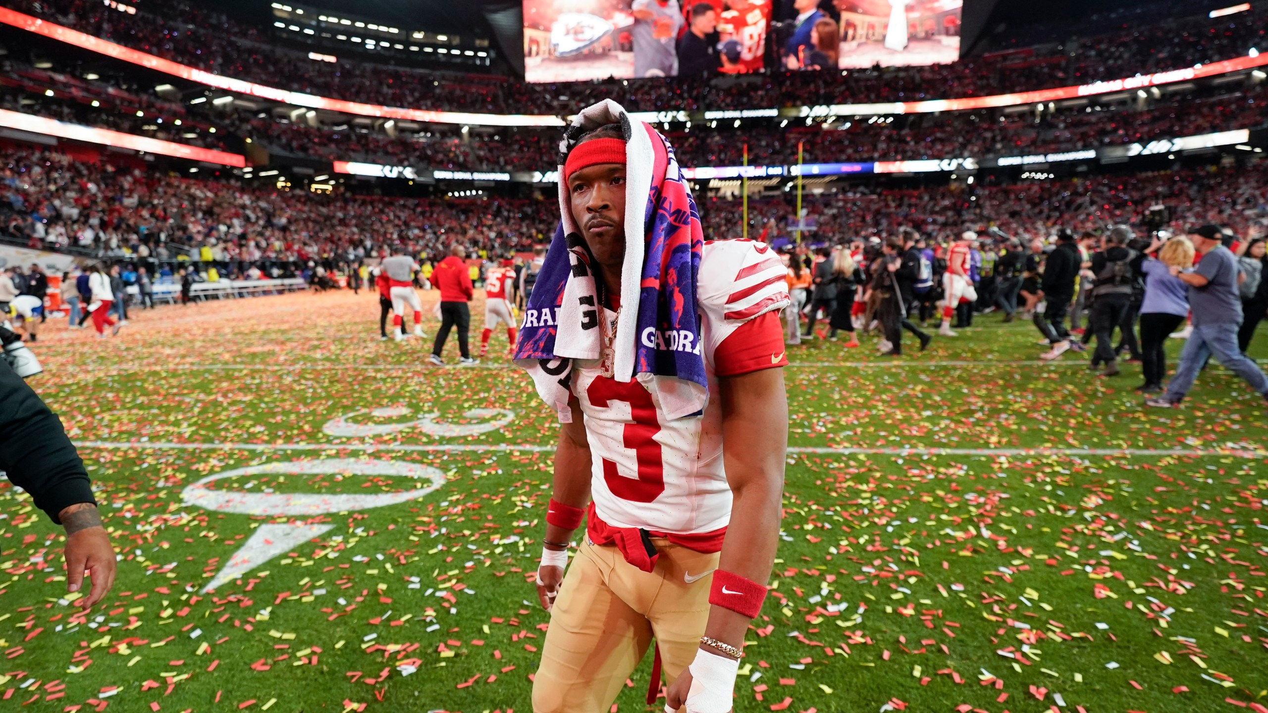 San Francisco 49ers wide receiver Ray-Ray McCloud III walks off the field after the NFL Super Bowl 58 football game against the Kansas City Chiefs, Sunday, Feb. 11, 2024, in Las Vegas. The Chiefs won 25-22 against the 49ers. (AP Photo/Eric Gay)