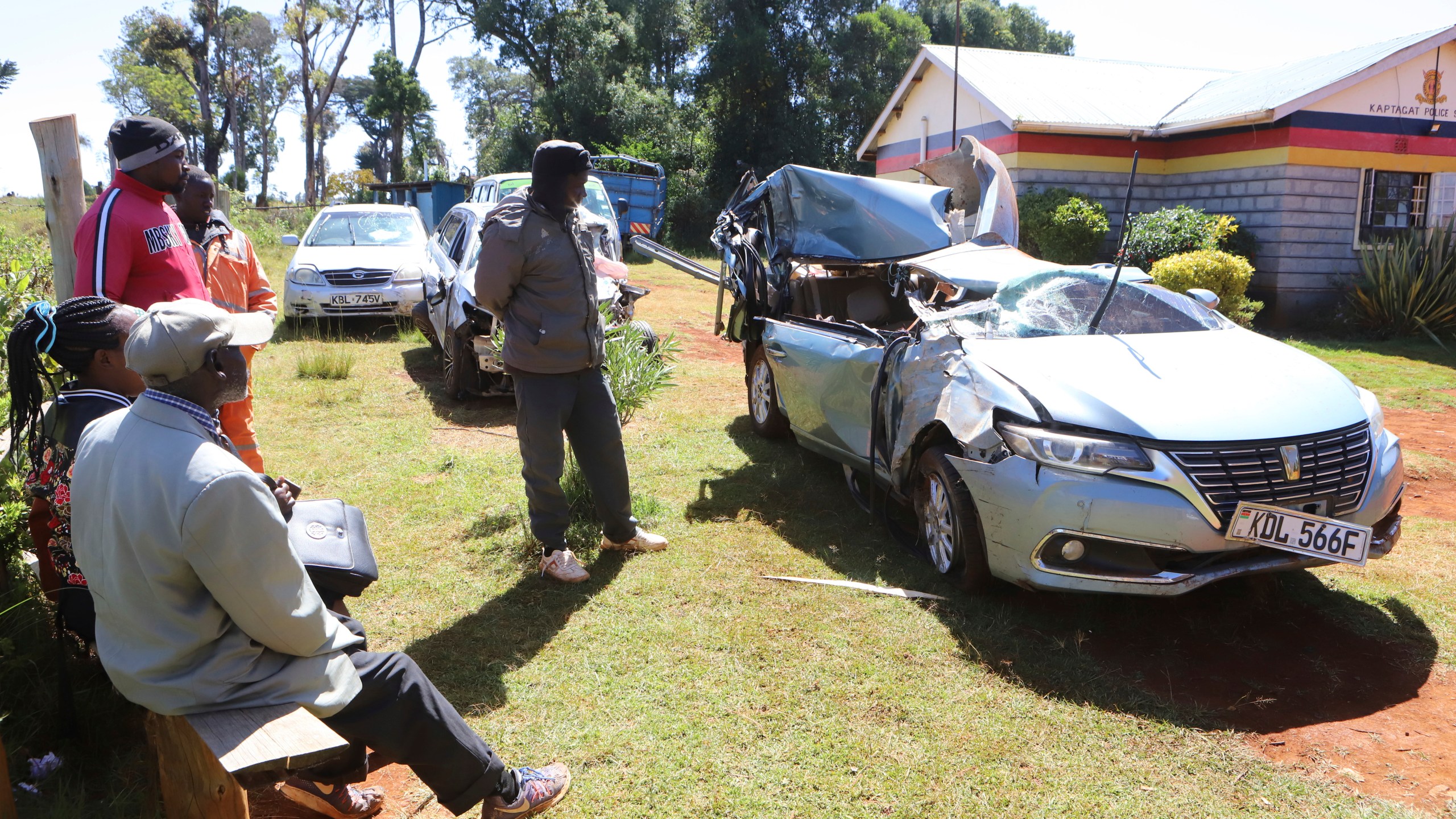 The wreckage of the vehicle in which world marathon record holder Kelvin Kiptum and his Rwandese coach, Garvais Hakizimana, were traveling in before they were involved Sunday night in a fatal road crash, is brought at Kaptabat police station, near Eldoret, Kenya, Monday, Feb. 12, 2024. According to Kenyan police, Kiptum was driving the sedan when he lost control and crashed along a road in Uasin Gishu county on their way to his training camp in Kapsabet, western Kenya, killing him and Hakizimana on the spot. (AP Photo)