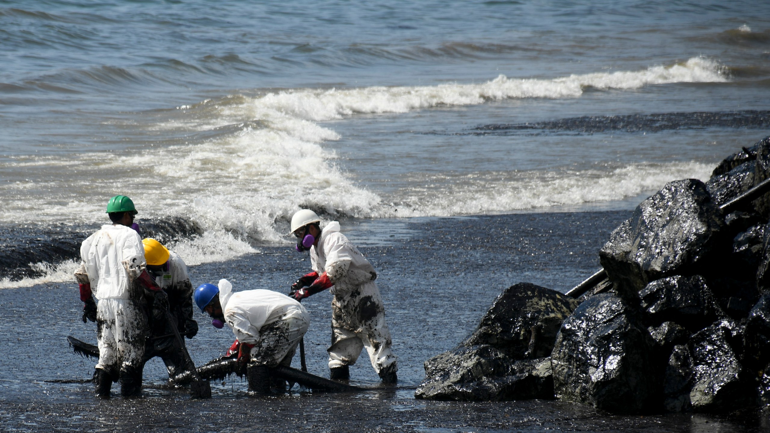 Workers from state own Heritage Petroleum Oil and Gas Company clean up an oil spill that reached Rockly Bay beach, in Scarborough, south western Tobago, Trinidad and Tobago, Sunday, Feb. 11, 2024. (AP Photo/Akash Boodan)
