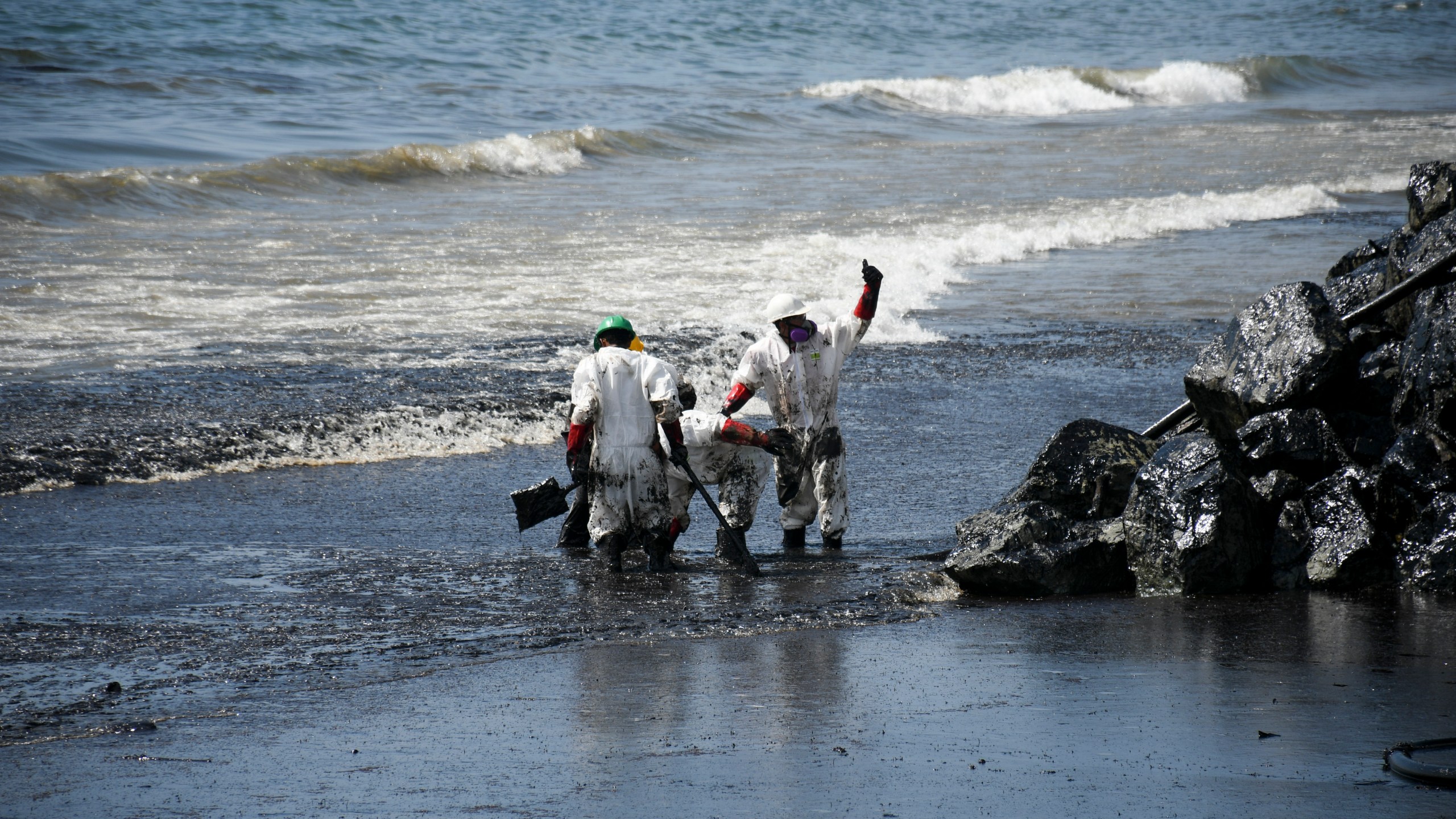Workers from state own Heritage Petroleum Oil and Gas Company clean up an oil spill that reached Rockly Bay beach, in Scarborough, south western Tobago, Trinidad and Tobago, Sunday, Feb. 11, 2024. (AP Photo/Akash Boodan)