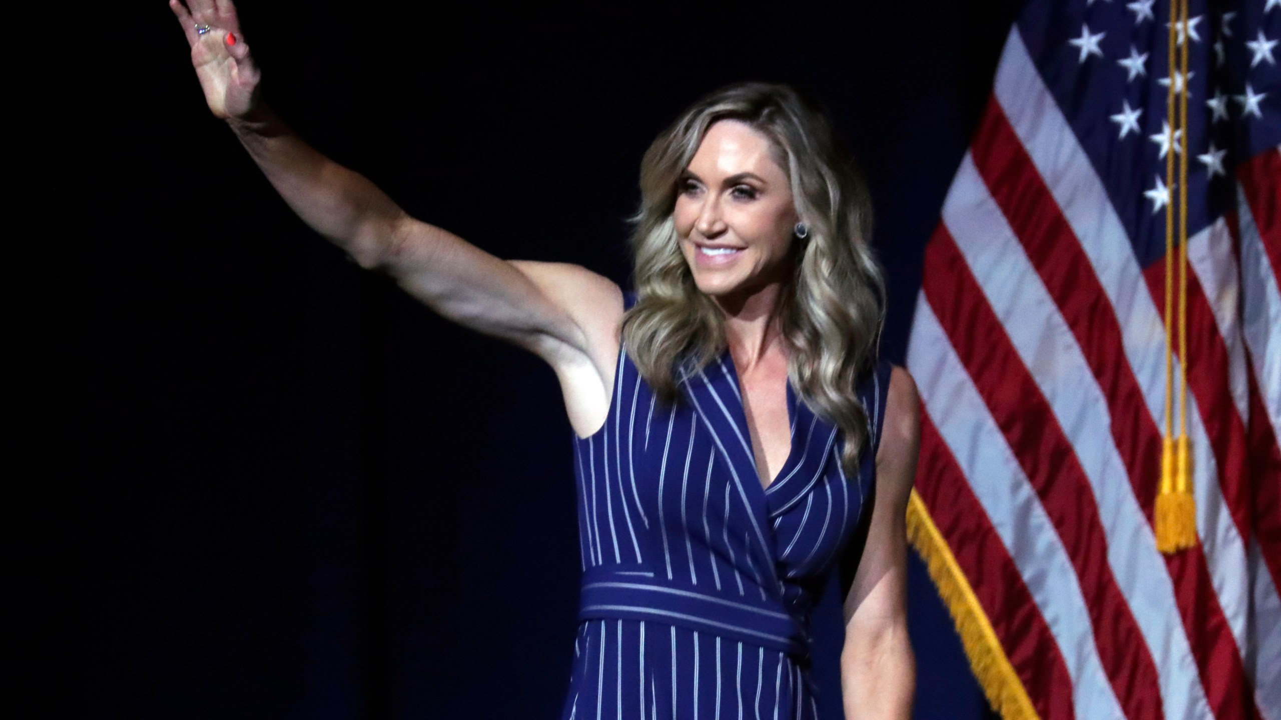 FILE - Lara Trump, daughter-in-law of former President Donald Trump, waves to the crowd before speaking at the North Carolina Republican Convention, June 5, 2021, in Greenville, N.C. Donald Trump is calling for a shakeup at the highest levels of the Republican National Committee. And party leaders are taking it very seriously. (AP Photo/Chris Seward, File)