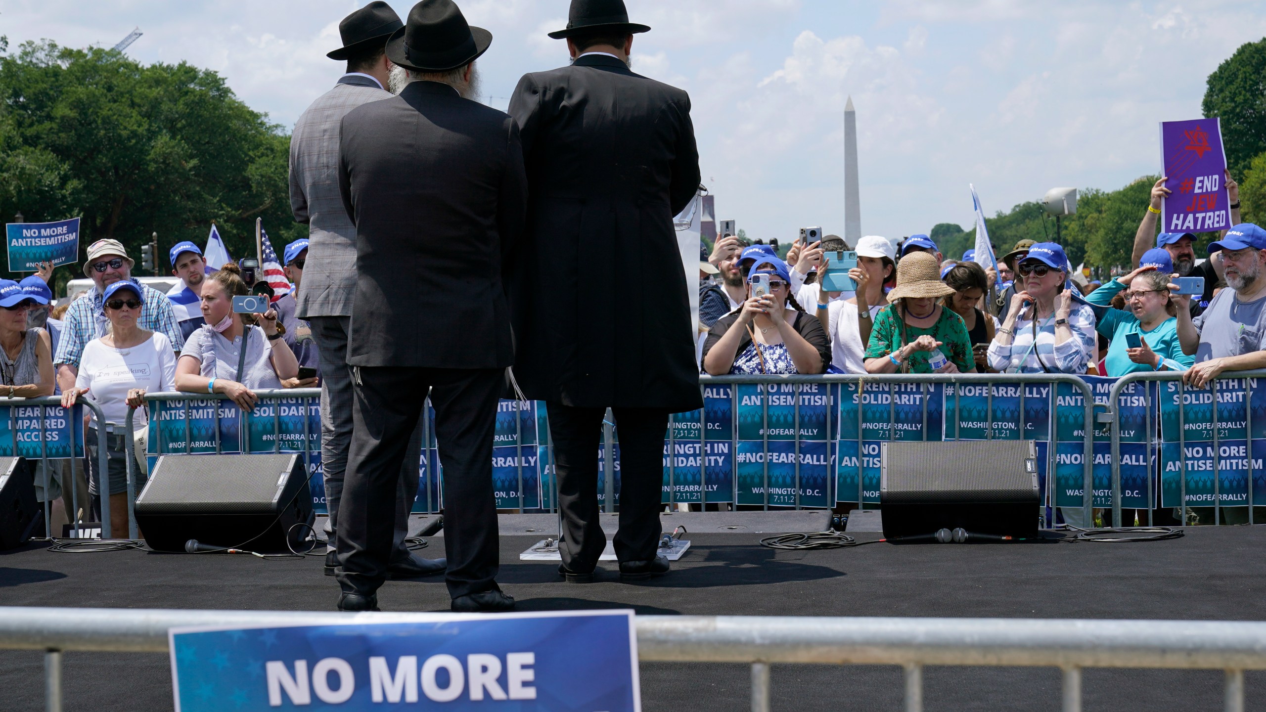 FILE - People attend the "NO FEAR: Rally in Solidarity with the Jewish People" event in Washington, Sunday, July 11, 2021, co-sponsored by the Alliance for Israel, Anti-Defamation League, American Jewish Committee, B'nai B'rith International and other organizations. The American Jewish Committee released a survey on Tuesday, Feb. 13, 2024, that found nearly two-thirds of American Jews feel less secure in the U.S. than they did a year ago. The group conducted the survey on antisemitism last fall just as the Israel-Hamas war began. (AP Photo/Susan Walsh, File)