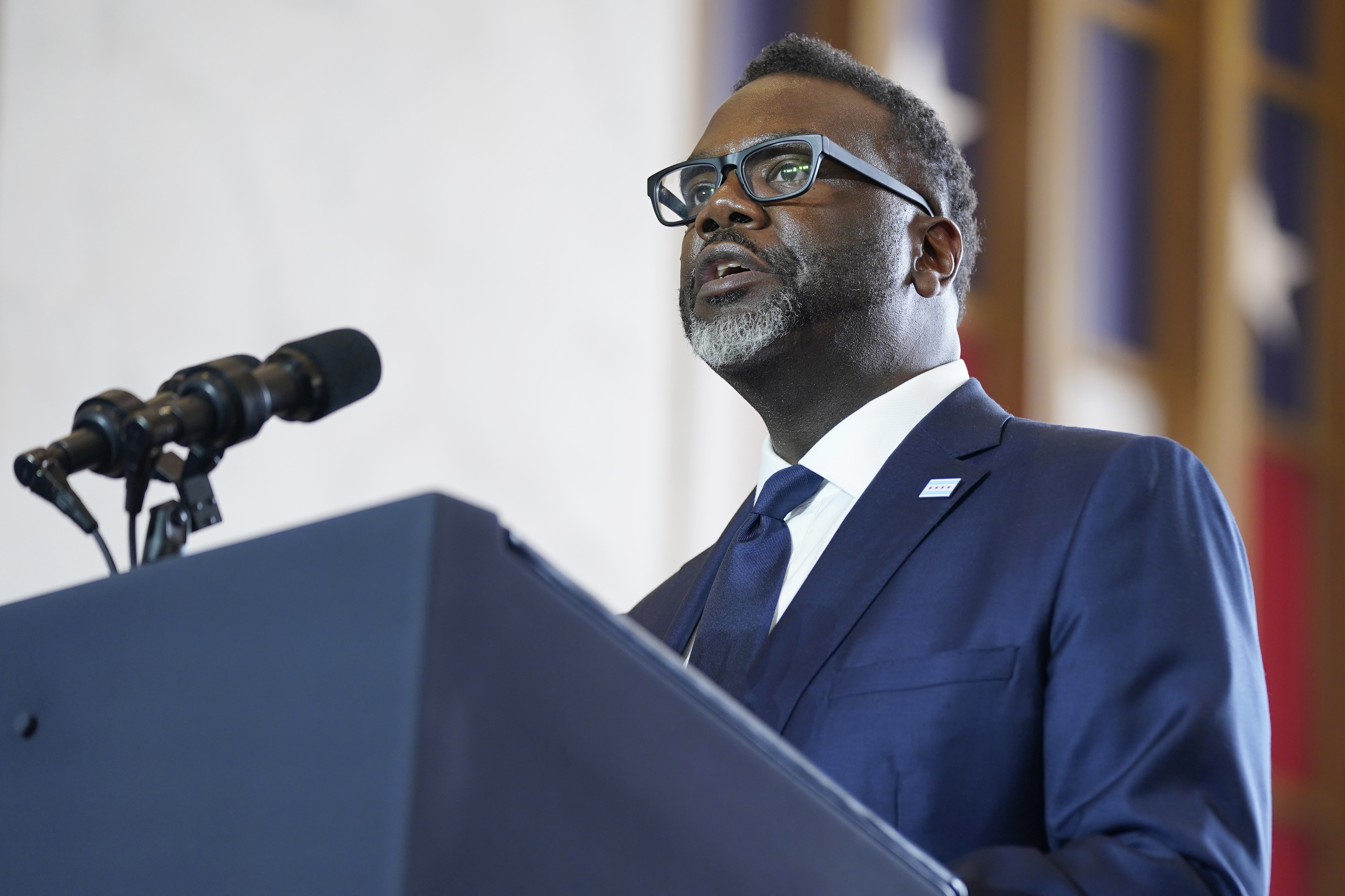 FILE - Chicago Mayor Brandon Johnson, addresses a crowd, June 28, 2023, at the Old Post Office in Chicago. Chicago won't renew its contract for a controversial gunshot detection system and end the use of ShotSpotter technology later this year, Mayor Johnson’s office announced Tuesday, Feb. 13, 2024. (AP Photo/Evan Vucci, file)