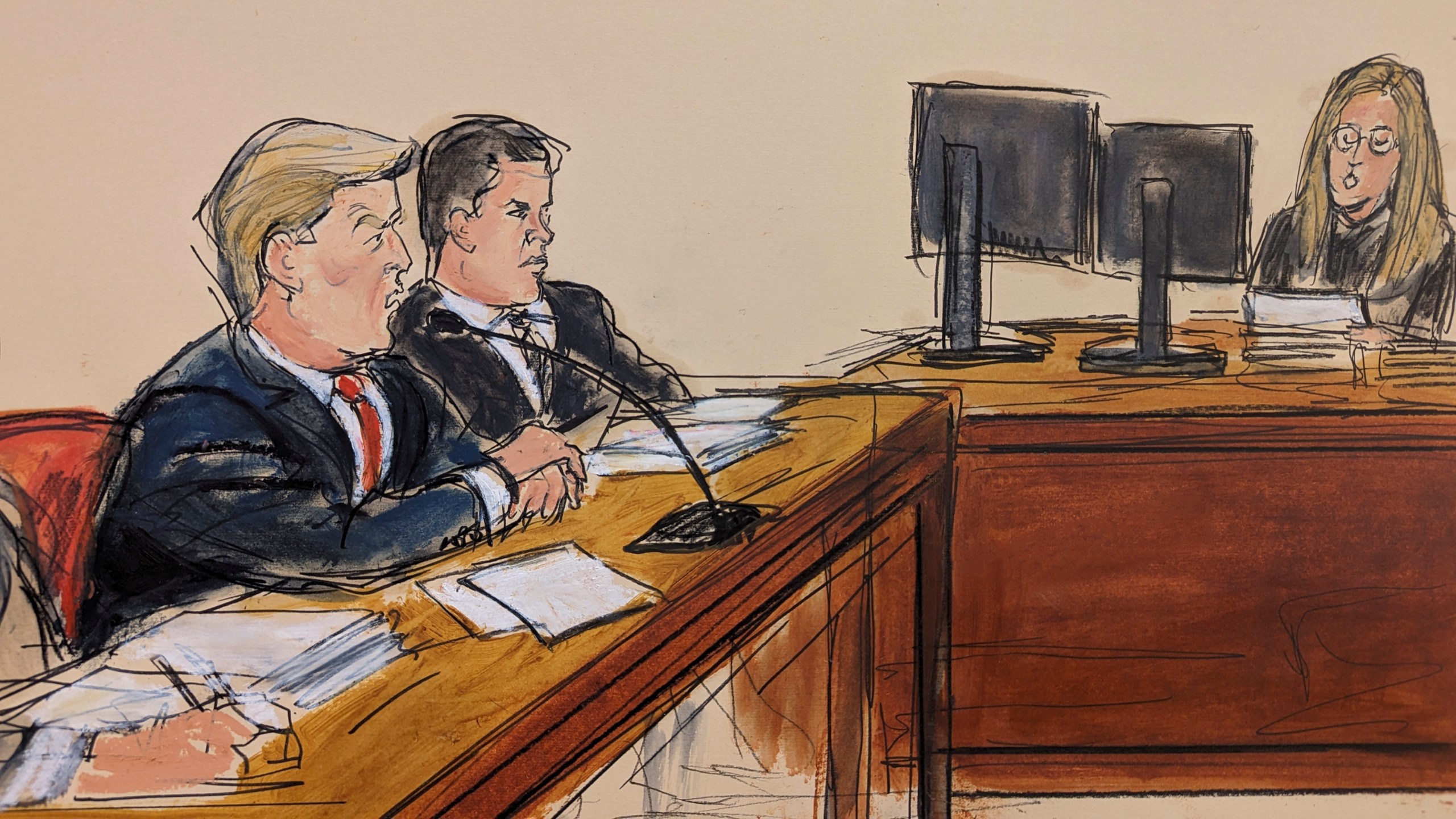 FILE - This artist sketch depicts former President Donald Trump, far left, pleading not guilty as the Clerk of the Court reads the charges and asks him "How do you plea?" Tuesday, April 4, 2023, in a Manhattan courtroom in New York, as his attorney Joseph Tacopina, center, watches. Trump is expected in court Thursday, Feb. 15, 2024, for an important hearing in his New York hush-money criminal case, which now appears increasingly likely to go to trial next month. Judge Juan Manuel Merchan is expected to rule on key pretrial issues and say for certain if the former president's trial will begin as scheduled on March 25. (Elizabeth Williams via AP, File)