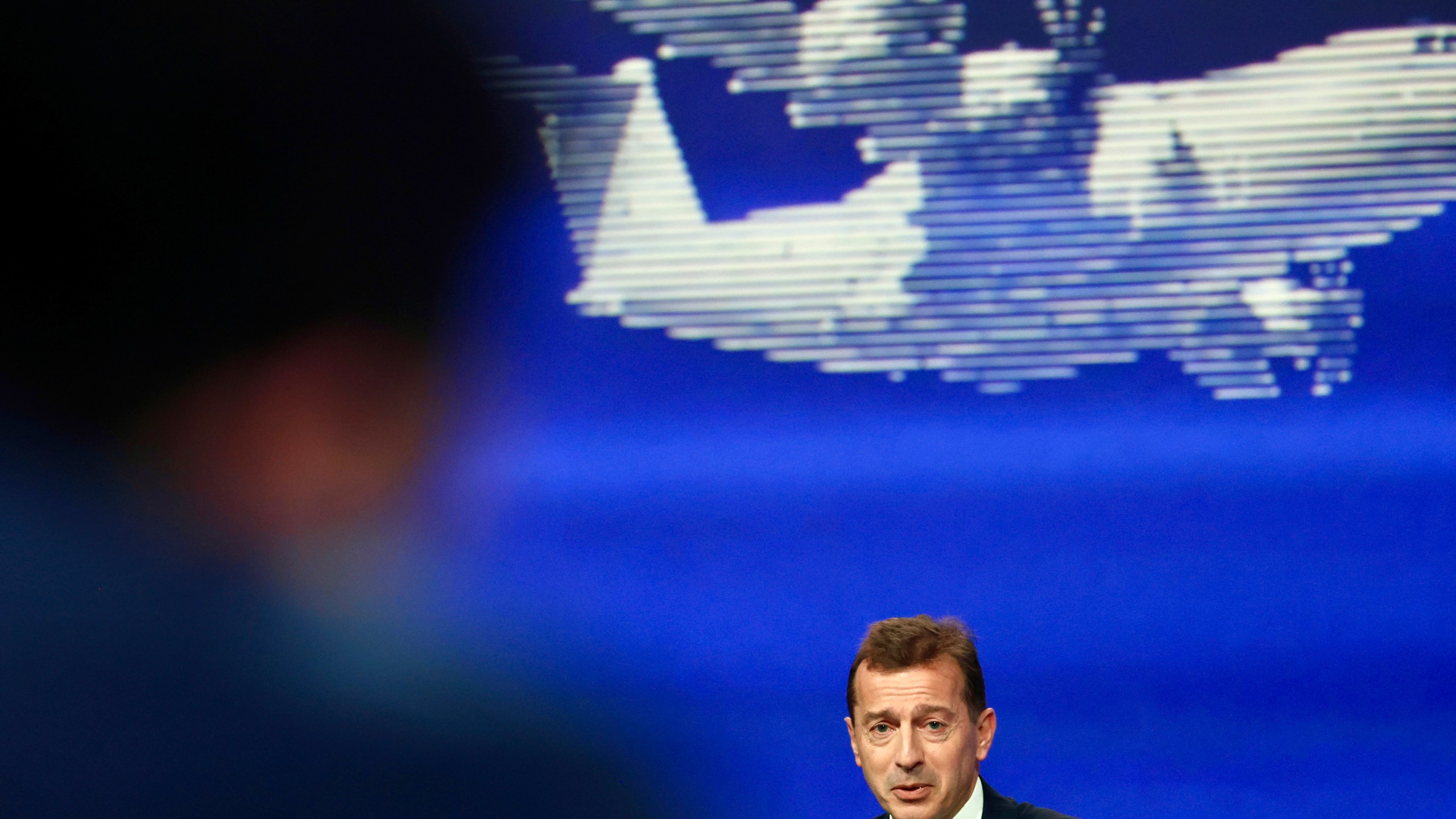 Airbus CEO Guillaume Faury presents the European aerospace giant full year results, Thursday, Feb. 15, 2024 in Blagnac, near Toulouse, southwestern France. (AP Photo/Fred Scheiber)