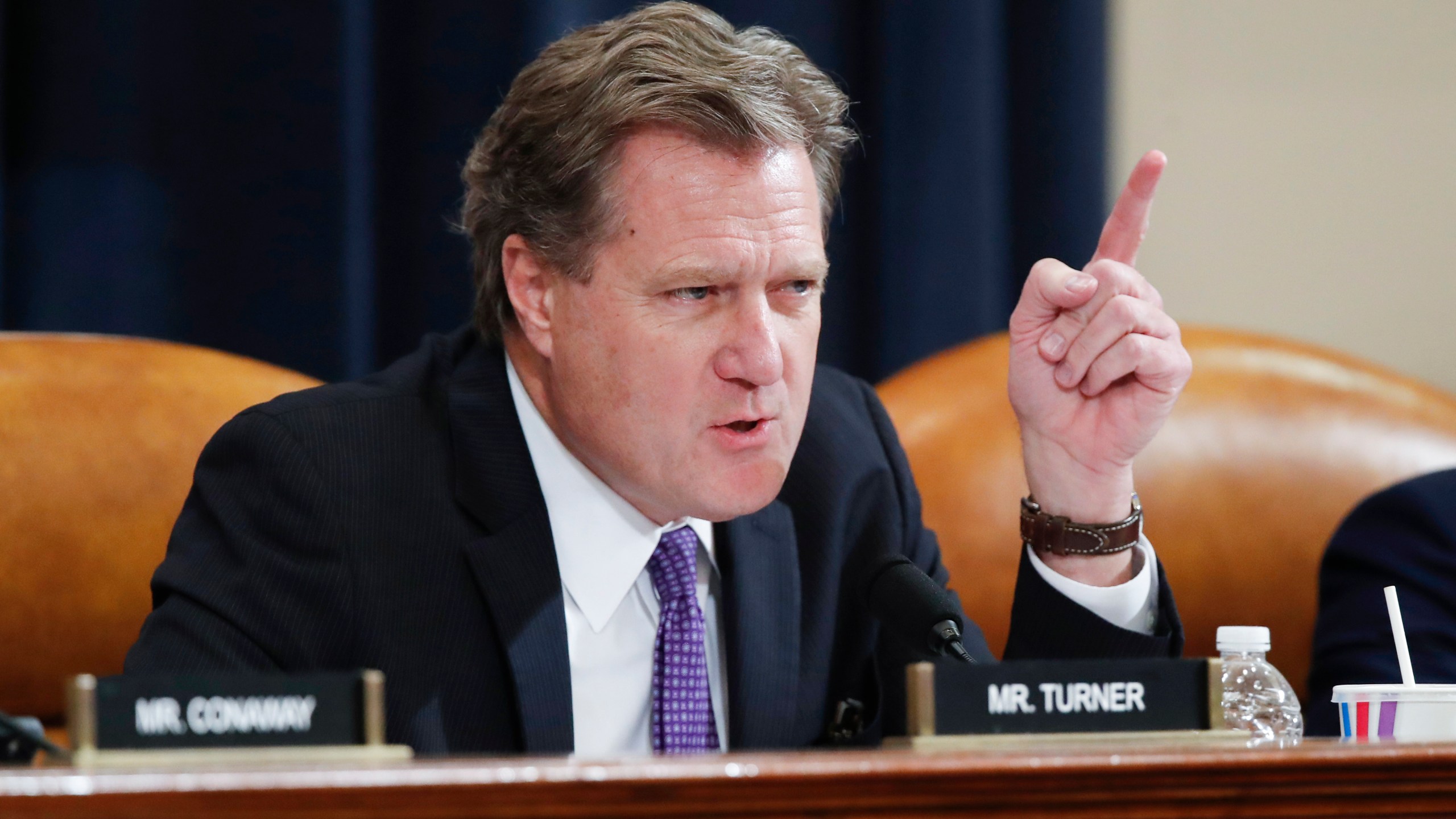 FILE - Rep. Mike Turner, R-Ohio, speaks during a House Intelligence Committee hearing on Capitol Hill in Washington, Nov. 20, 2019. Turner says he has information about a serious national security threat and urges the administration to declassify the information so the U.S. and its allies can openly discuss how to respond. Turner, a Republican from Ohio, gave no details about the threat in his statement. (AP Photo/Alex Brandon, File)