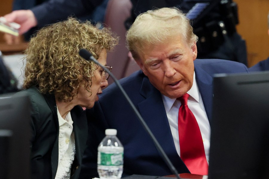 Former President Donald Trump appears during a court hearing at Manhattan criminal court, Thursday, Feb. 15, 2024, in New York. A New York judge says Trump's hush-money trial will go ahead as scheduled with jury selection starting on March 25. (Brendan McDermid/Pool Photo via AP)