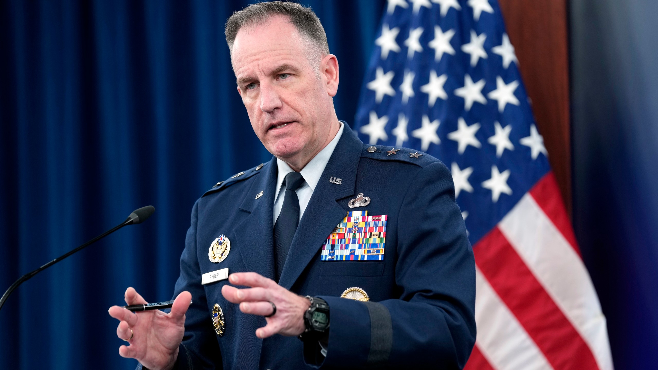 Pentagon spokesman Air Force Brig. Gen. Patrick Ryder speaks during a briefing at the Pentagon in Washington, Thursday, Feb. 15, 2024. (AP Photo/Susan Walsh)