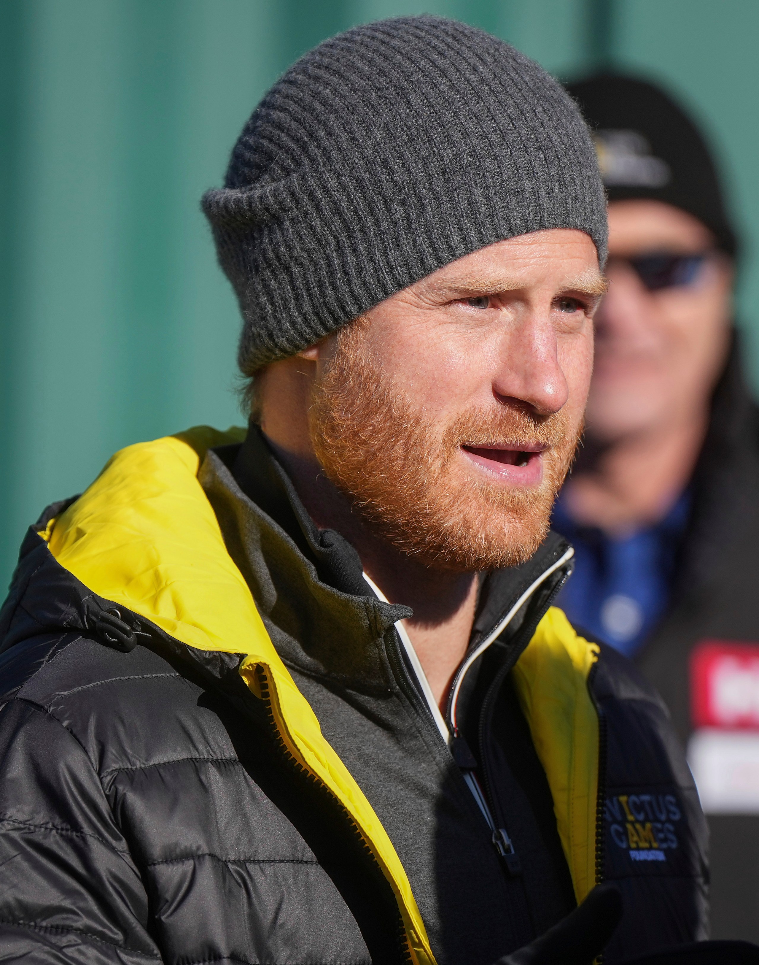 Prince Harry, the Duke of Sussex, talks with skeleton athletes during an Invictus Games training camp, in Whistler, British Columbia, Thursday, Feb. 15, 2024. Invictus Games Vancouver Whistler 2025 is scheduled to take place from Feb. 8 to 16, 2025 and will for the first time feature winter sports. (Darryl Dyck/The Canadian Press via AP)