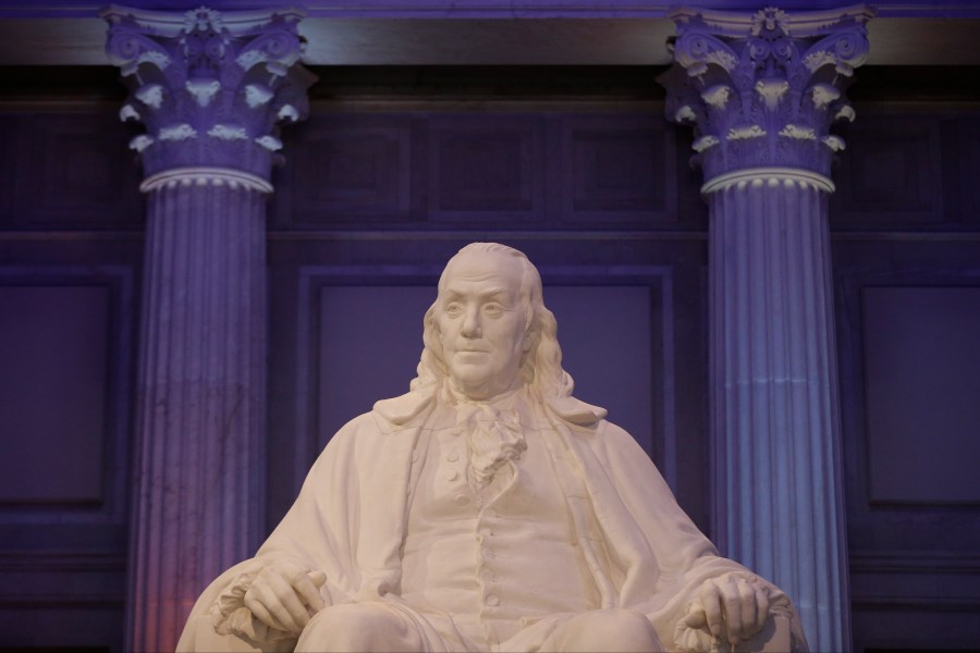 FILE - A statue of Benjamin Franklin is seen at The Franklin Institute, Tuesday, Feb. 10, 2015, in Philadelphia. Franklin, like some other key founders, admired Jesus as a moral teacher but would not pass a test of Christian orthodoxy. (AP Photo/Matt Rourke, File)