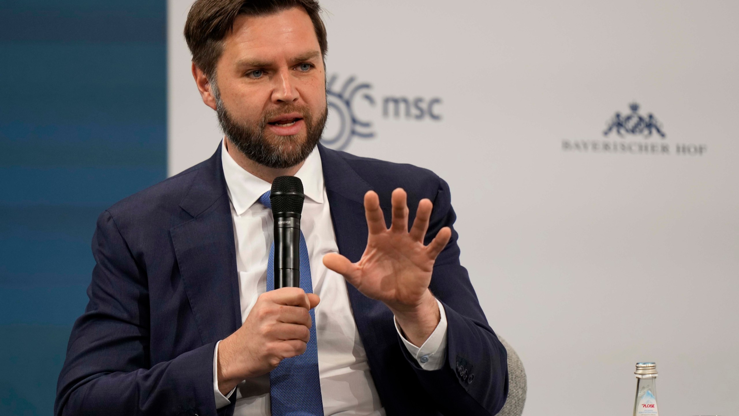 U.S. Sen. J. D. Vance speaks at the Munich Security Conference at the Bayerischer Hof Hotel in Munich, Germany, Sunday, Feb. 18, 2024. (AP Photo/Matthias Schrader)