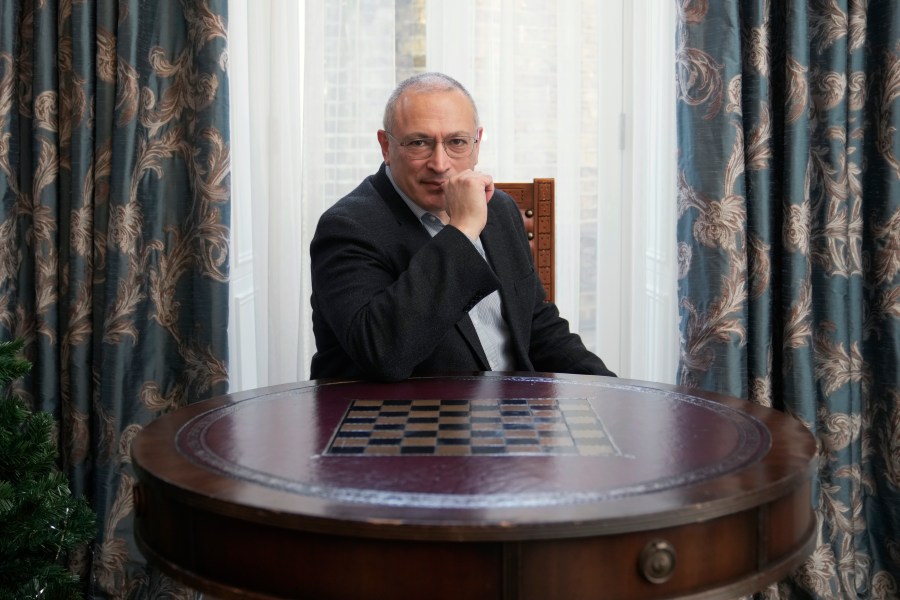 Exiled Russian businessman and opposition figure Mikhail Khodorkovsky, poses during an interview in London, Tuesday, Jan. 16, 2024. Khodorkovsky, who now lives in London, is one of several Russian opposition politicians trying to build a coalition with grassroots anti-war groups across the world and exiled Russian opposition figures. They include Russian chess legend Garry Kasparov, Mikhail Kasyanov, a former Russian prime minister and Vladimir Kara-Murza Jr. who is currently serving a 25 year prison sentence in Russia for treason after criticizing Russia’s war in Ukraine. (AP Photo/Kin Cheung)