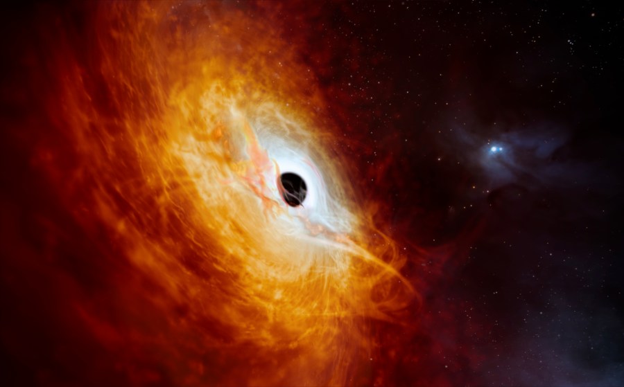 This illustration provided by the European Southern Observatory in February 2024, depicts the record-breaking quasar J059-4351, the bright core of a distant galaxy that is powered by a supermassive black hole. The supermassive black hole, seen here pulling in surrounding matter, has a mass 17 billion times that of the Sun and is growing in mass by the equivalent of another Sun per day, making it the fastest-growing black hole ever known. (M. Kornmesser/ESO via AP)